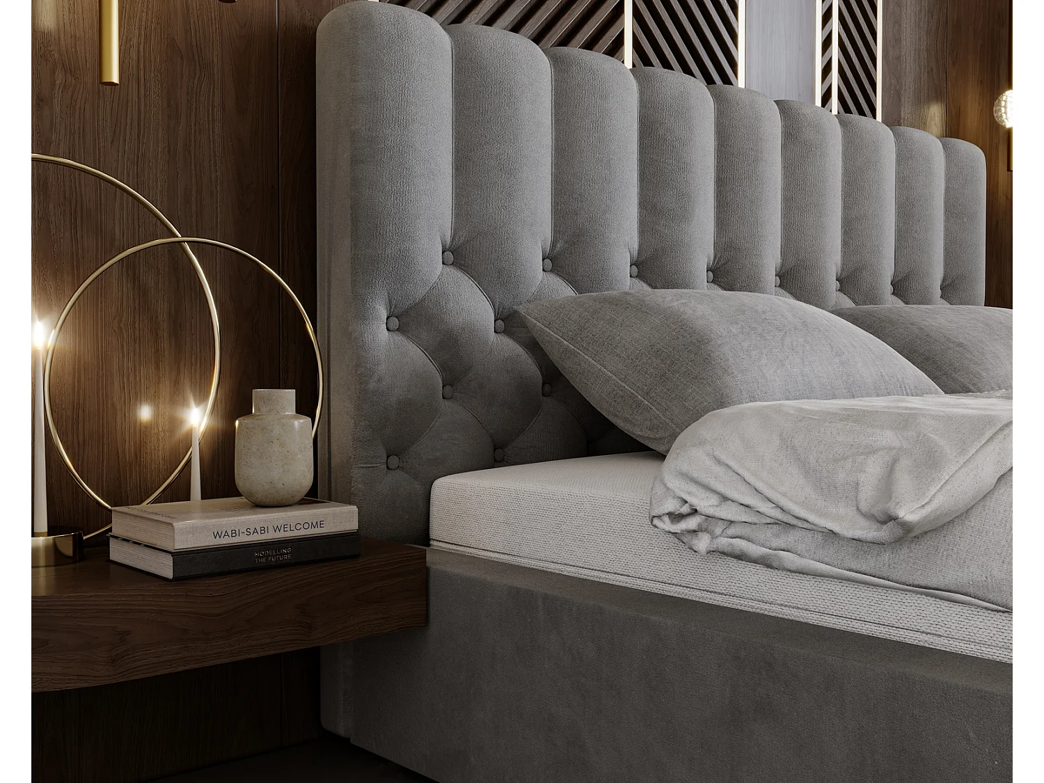 Emporius Lit rembourré 140x200 Sevilla - tête de lit, Haute rembourrée, Rangement - Lit chesterfield Gris (Magic Velvet 2217)