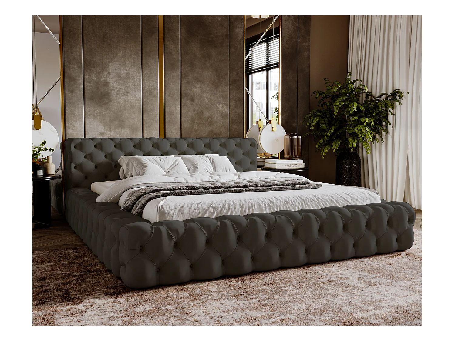 Emporius Lit rembourré avec rangement Vigo, Lit adulte 160x200 cm - Gris foncé (Amor Velvet 4321)