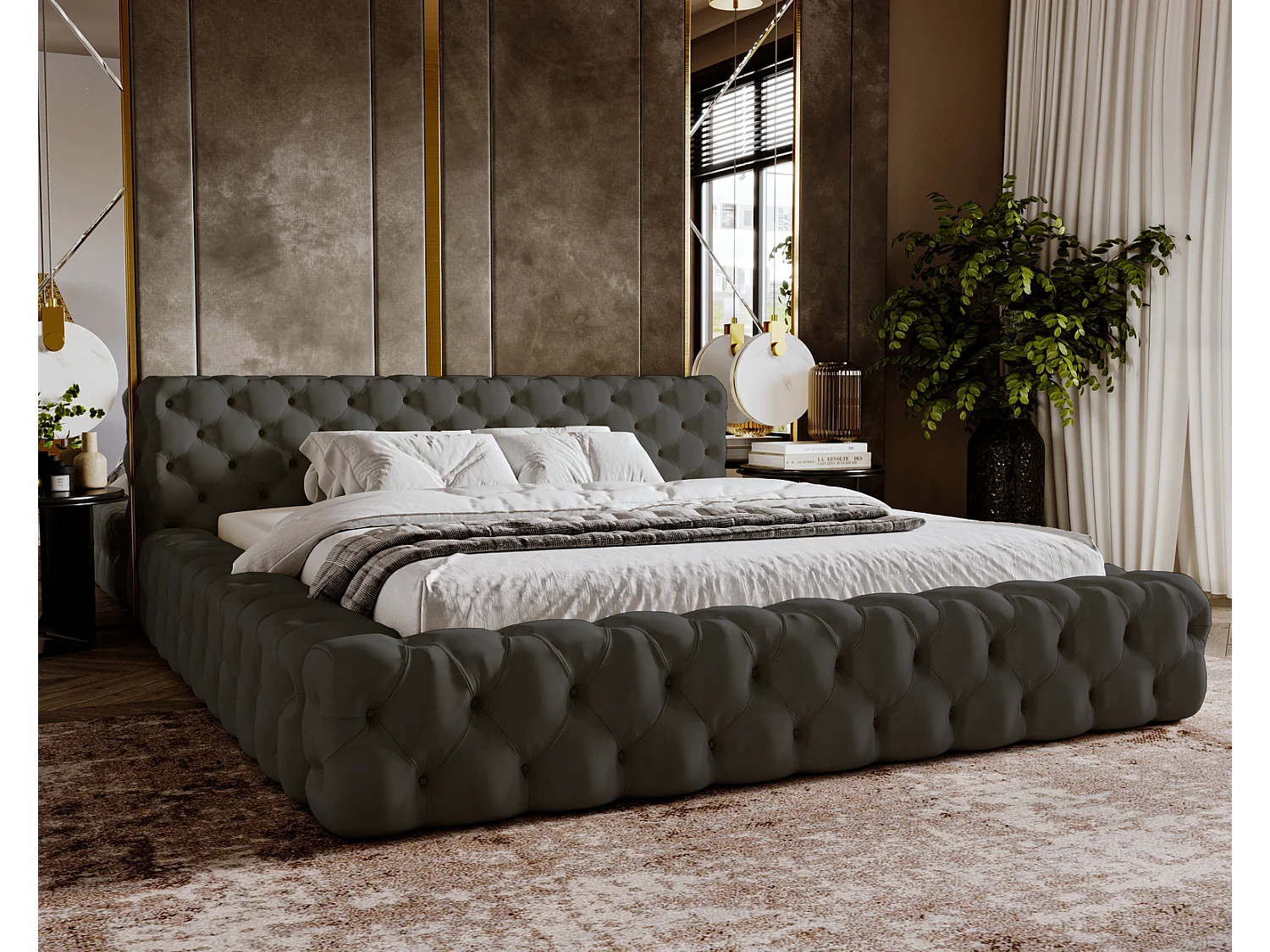 Emporius Lit rembourré avec rangement Vigo, Lit adulte 160x200 cm - Gris foncé (Amor Velvet 4321)