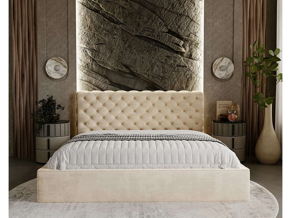 Emporius Tweepersoonsbed 140x200 Ali - glamourstijl, gestoffeerd bed, lattenbodem, opbergruimte - fluweel Beige (Magic Velvet 2201)
