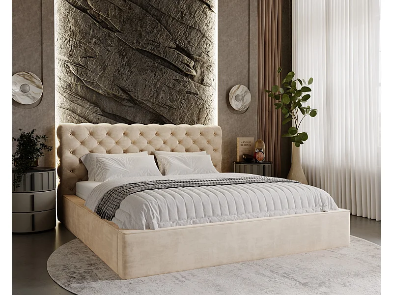 Emporius Lit double avec rangement 140x200 Ali - Lit adulte glamour - Velour Beige (Magic Velvet 2201)