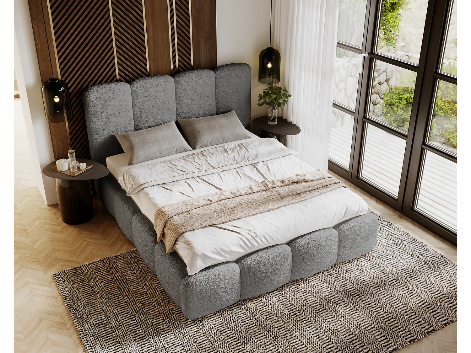 Emporius gestoffeerd bed 140x200 cm Merkad Bouclé - bed met lattenbodem en bedlade, Bouclé - Grijs (Anthology 17)