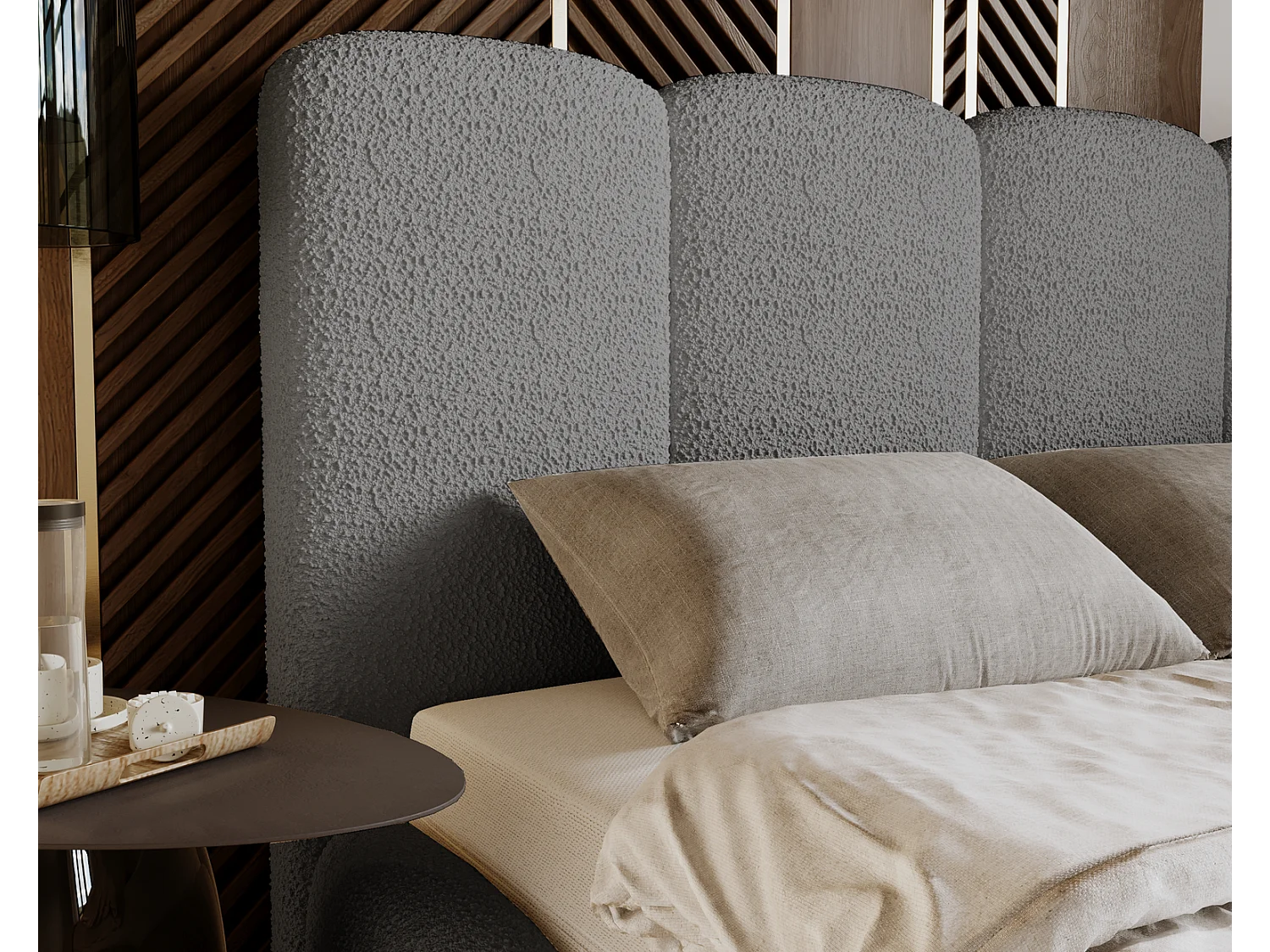 Emporius gestoffeerd bed 140x200 cm Merkad Bouclé - bed met lattenbodem en bedlade, Bouclé - Grijs (Anthology 17)