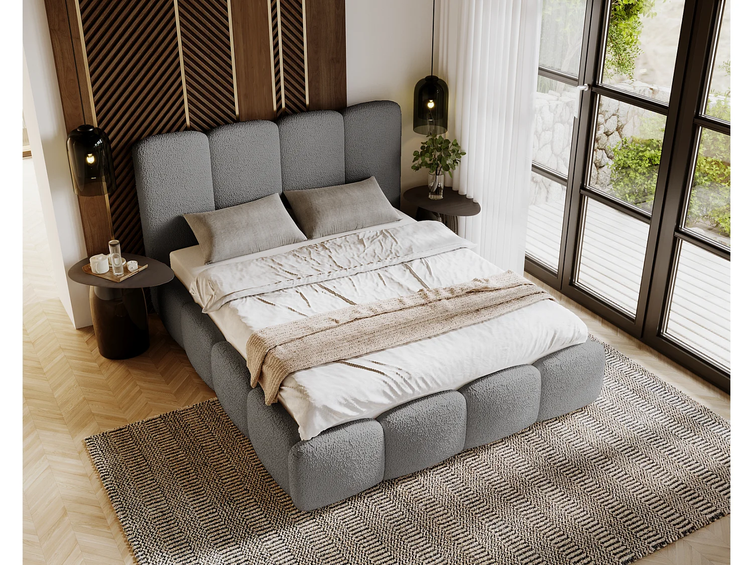 Emporius gestoffeerd bed 140x200 cm Merkad Bouclé - bed met lattenbodem en bedlade, Bouclé - Grijs (Anthology 17)