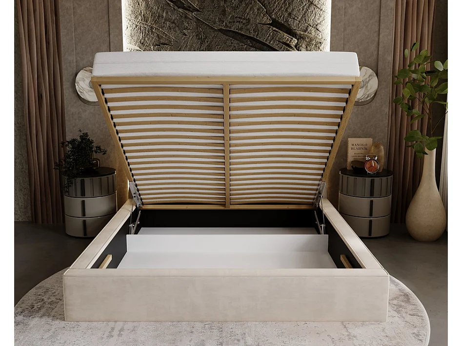 Emporius Tweepersoonsbed 200x200 Ali - glamourstijl, gestoffeerd bed, lattenbodem, opbergruimte - fluweel Groen (Magic Velvet 2225)