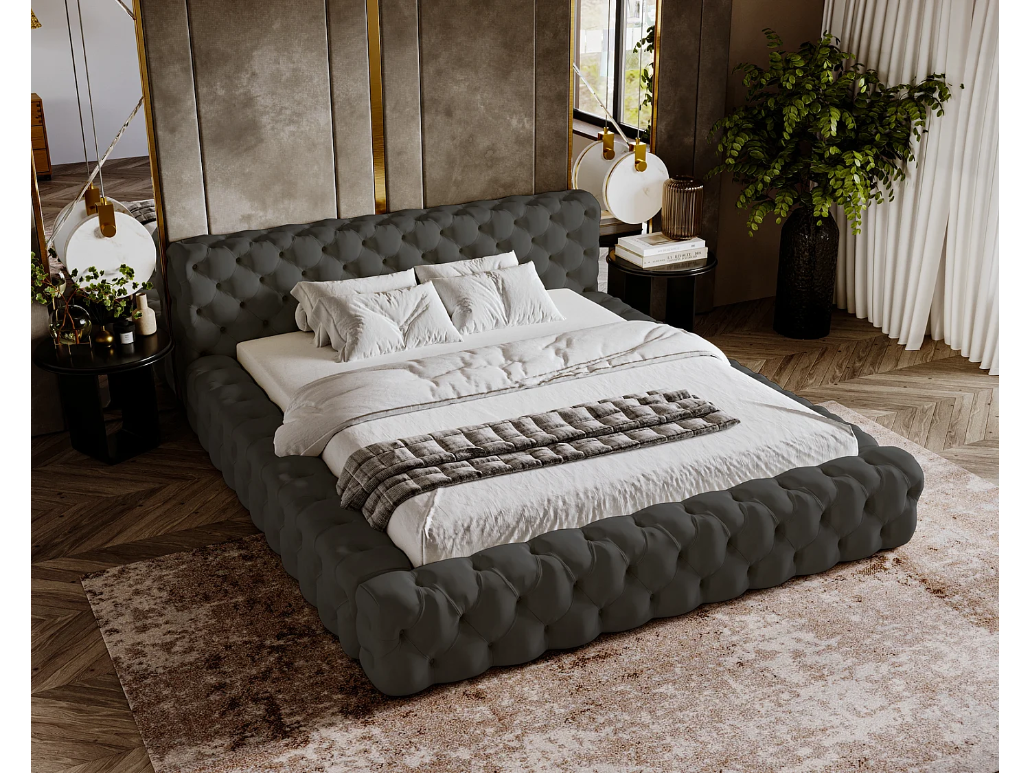 Emporius gestoffeerd bed 180x200 Vigo, bed met lattenbodem - tweepersoonsbed 180x200 cm, groot hoofdeinde - fluwelen Donkergrijs (Amor Velvet 4321)