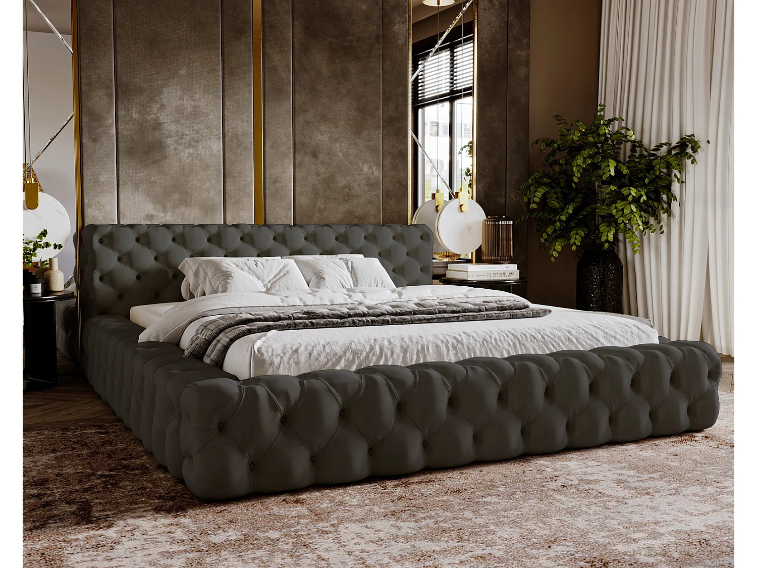 Emporius Lit rembourré avec rangement Vigo, Lit adulte 180x200 cm - Gris foncé (Amor Velvet 4321)
