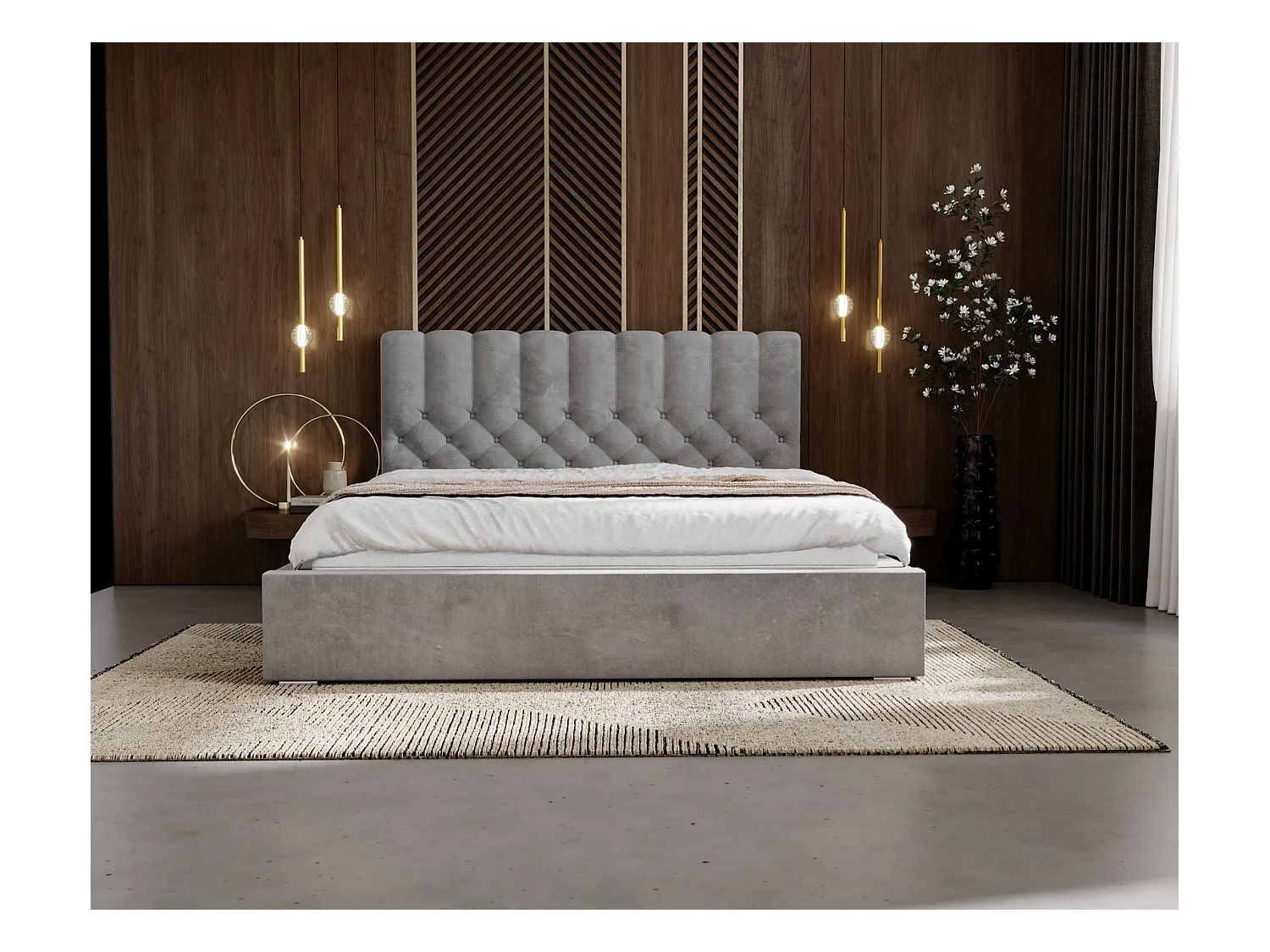 Emporius Lit rembourré 180x200 Sevilla - tête de lit, Haute rembourrée, Rangement - Lit chesterfield Gris (Magic Velvet 2217)