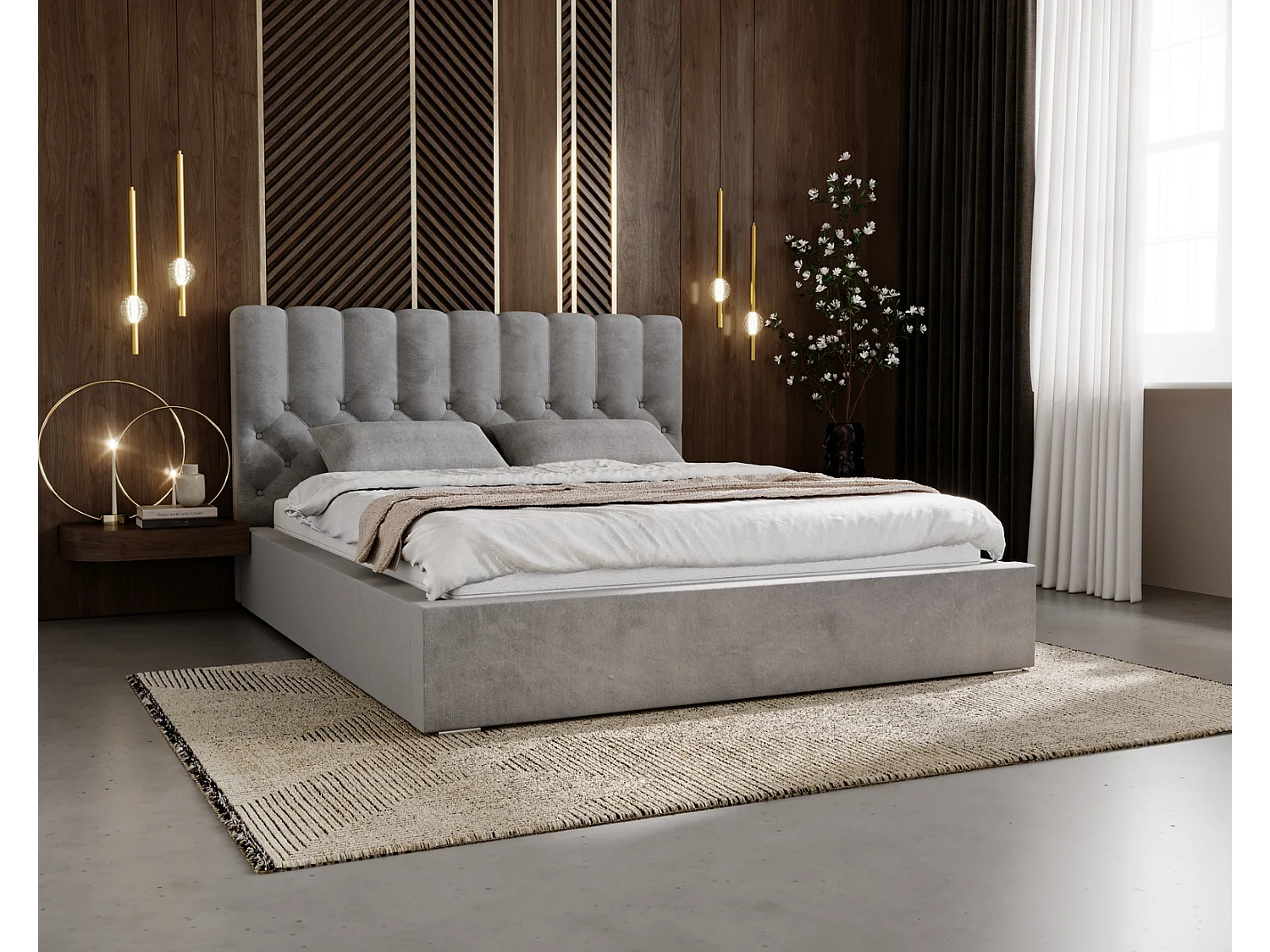 Emporius Doppelbett 140x200 Milan - Lattenrost, Bettkasten, Kopfteil - Polsterbett Bouclé (Hellgrau - Anthology 15)