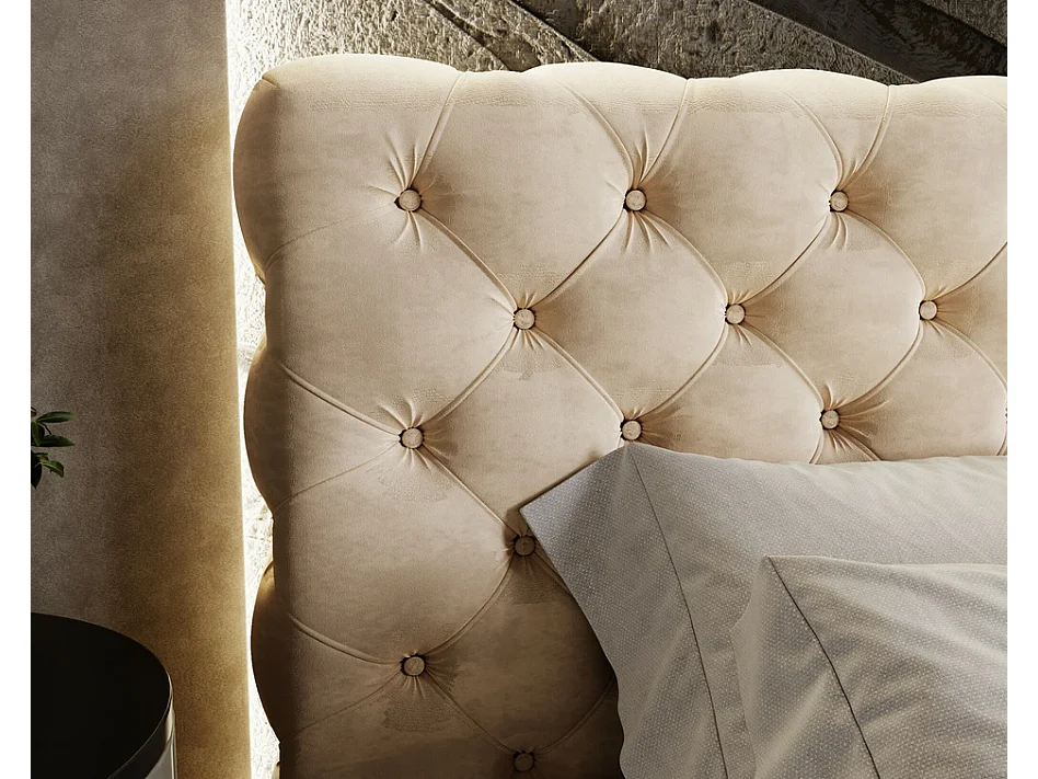 Emporius Tweepersoonsbed 180x200 Ali - glamourstijl, gestoffeerd bed, lattenbodem, opbergruimte - fluweel Beige (Magic Velvet 2201)
