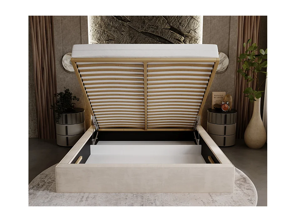 Emporius Lit double avec rangement 180x200 Ali - Lit adulte glamour - Velour Beige (Magic Velvet 2201)