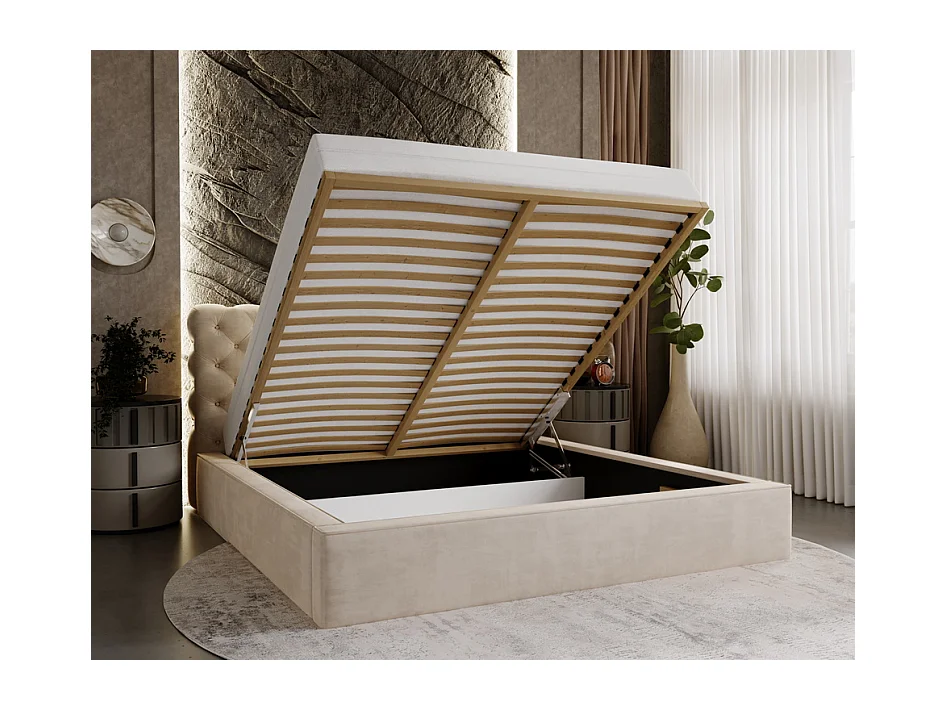 Emporius Lit double avec rangement 180x200 Ali - Lit adulte glamour - Velour Beige (Magic Velvet 2201)