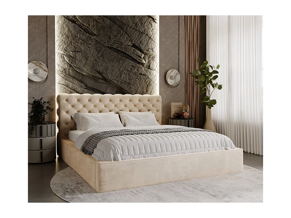 Emporius Lit double avec rangement 180x200 Ali - Lit adulte glamour - Velour Beige (Magic Velvet 2201)