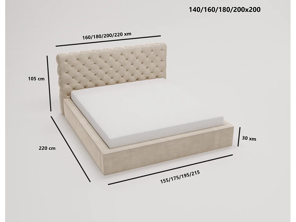 Emporius Lit double avec rangement 180x200 Ali - Lit adulte glamour - Velour Beige (Magic Velvet 2201)