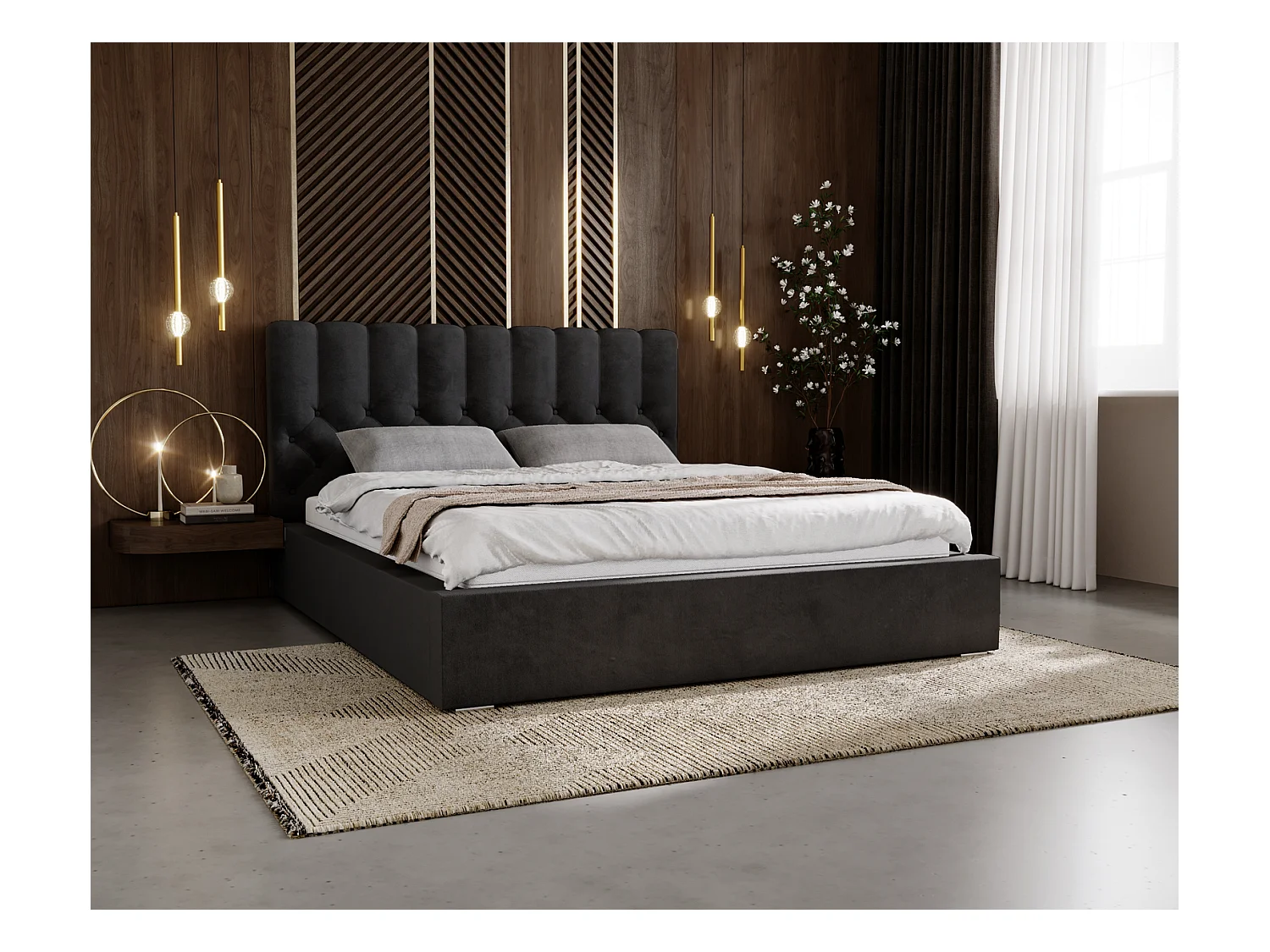 Emporius Lit rembourré 160x200 Sevilla - tête de lit, Haute rembourrée, Rangement - Lit chesterfield Noir (Magic Velvet 2219)