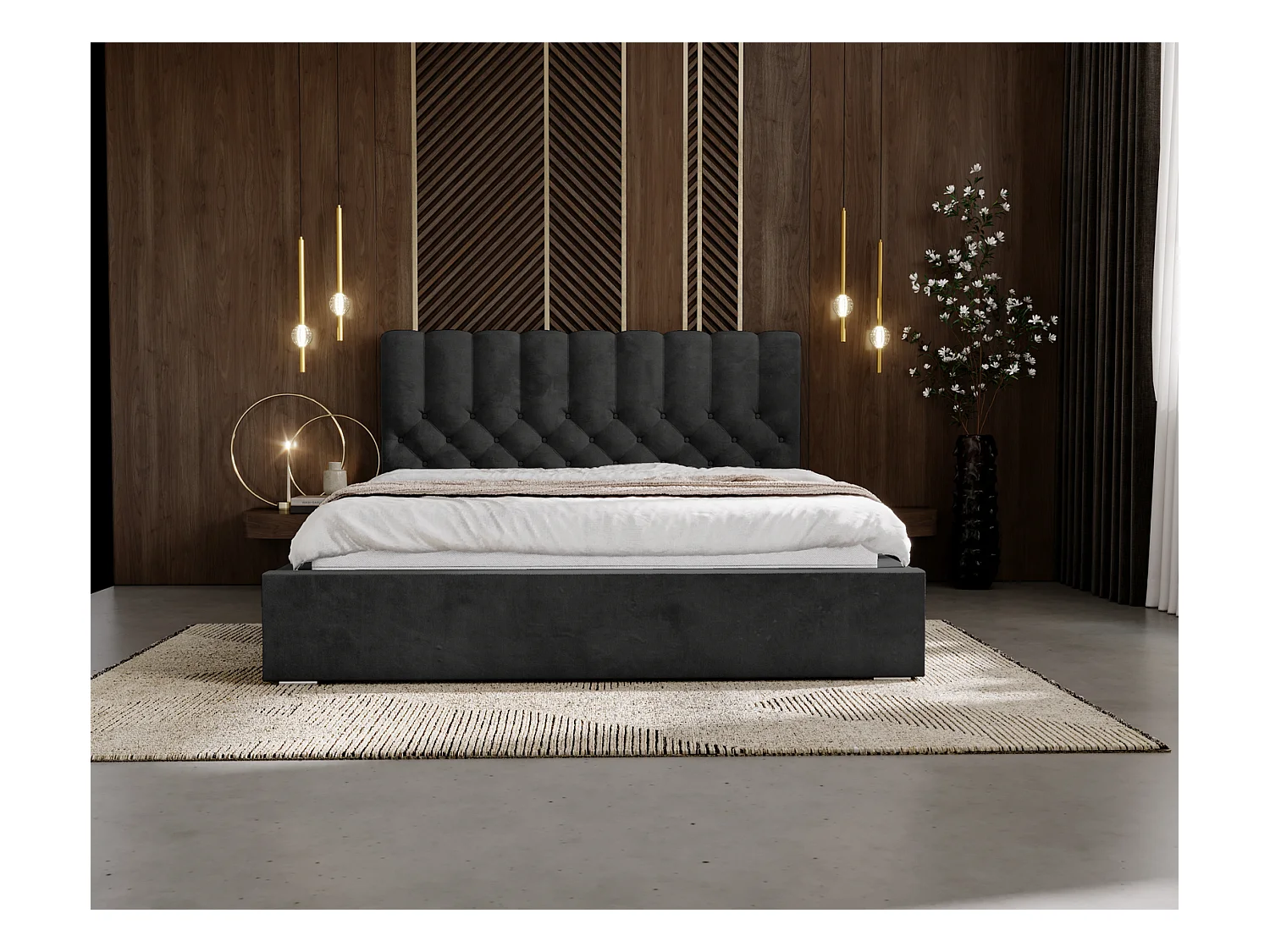 Emporius Lit rembourré 160x200 Sevilla - tête de lit, Haute rembourrée, Rangement - Lit chesterfield Noir (Magic Velvet 2219)