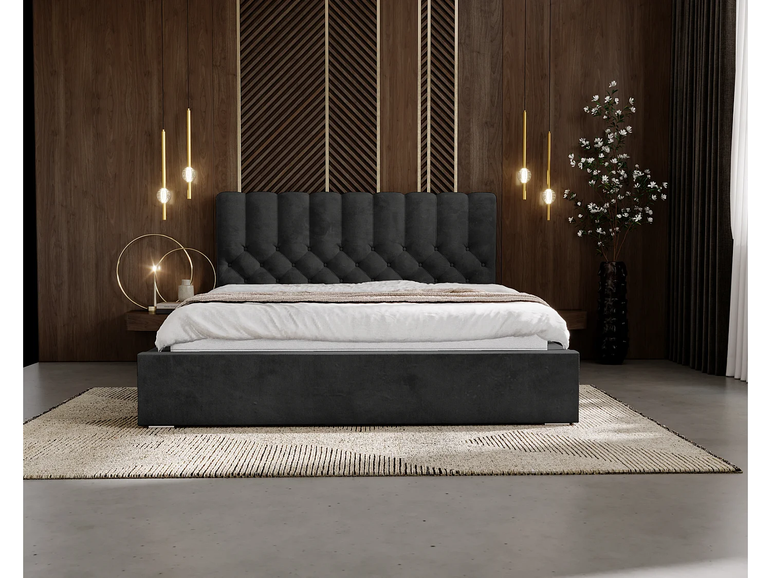 Emporius gestoffeerd bed 160x200 Sevilla, glamourstijl - Tweepersoonsbed 140x200 cm - fluwelen Zwart (Magic Velvet 2219)