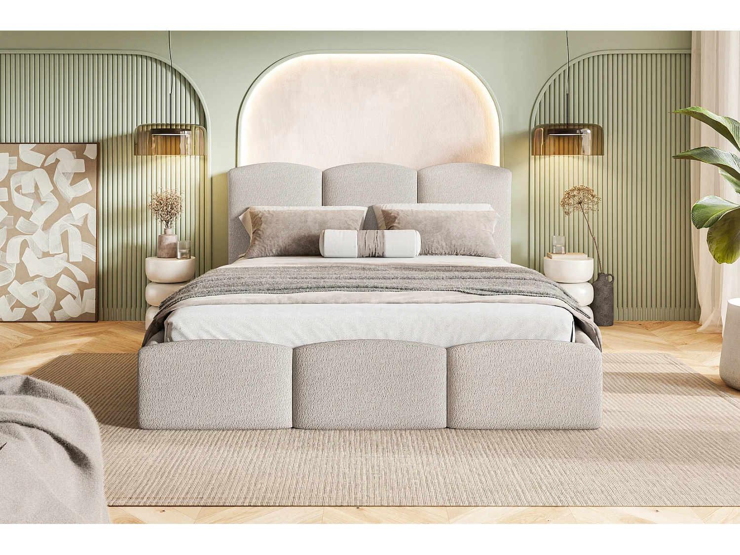 Emporius Lit 180x200 Roma Slim - Lit coffre 180x200, lit double avec Rangement, tissu bouclé - Beige (Anthology 3)