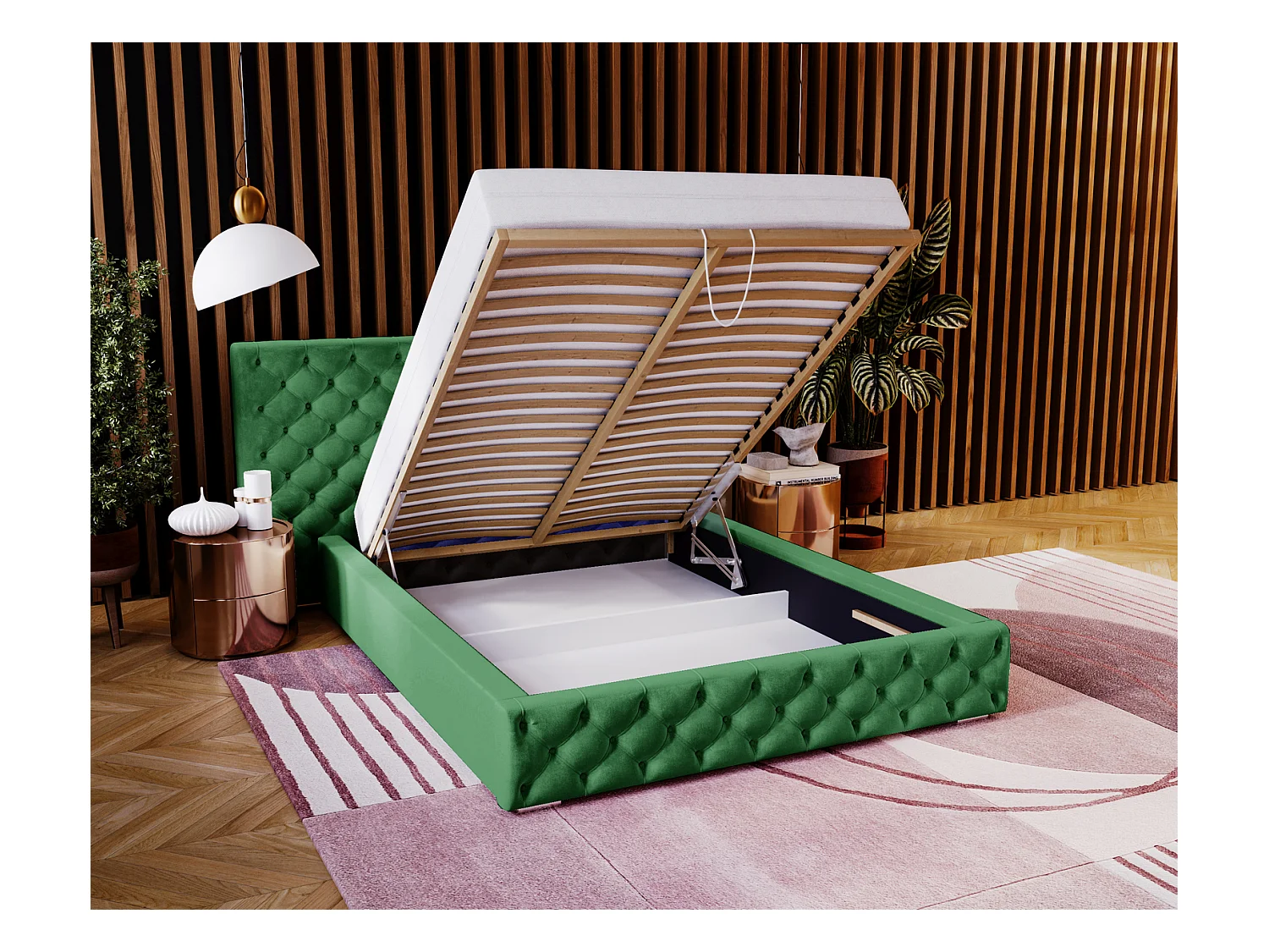 Emporius Lit double 180x200 Bella - Chesterfield Lit, tissu Velvet, Rangement, Sommier à Lattes - Lit double Vert (Magic Velvet 2225)