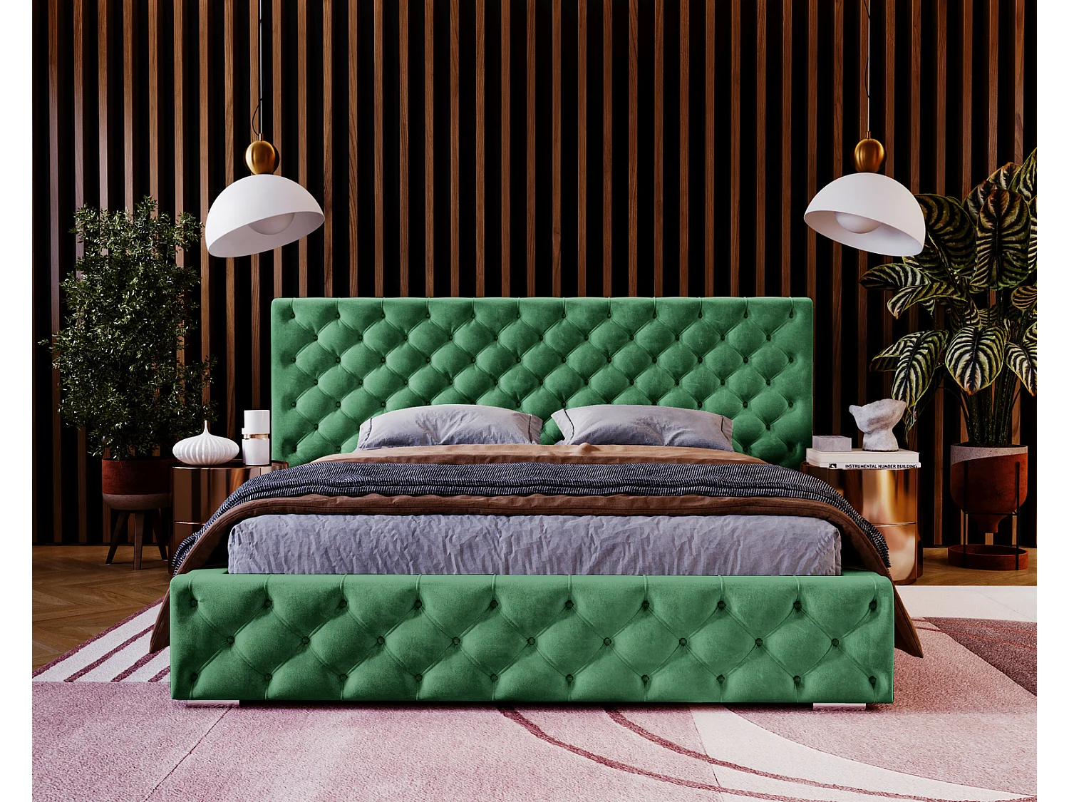 Emporius Lit double 180x200 Bella - Chesterfield Lit, tissu Velvet, Rangement, Sommier à Lattes - Lit double Vert (Magic Velvet 2225)