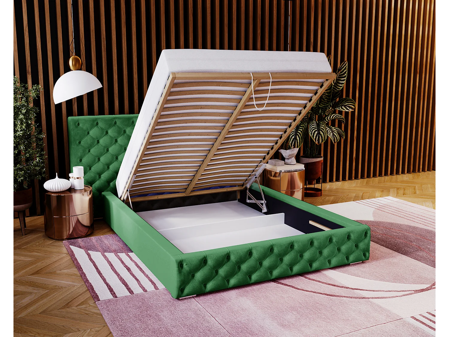 Emporius Lit double 180x200 Bella - Chesterfield Lit, tissu Velvet, Rangement, Sommier à Lattes - Lit double Vert (Magic Velvet 2225)