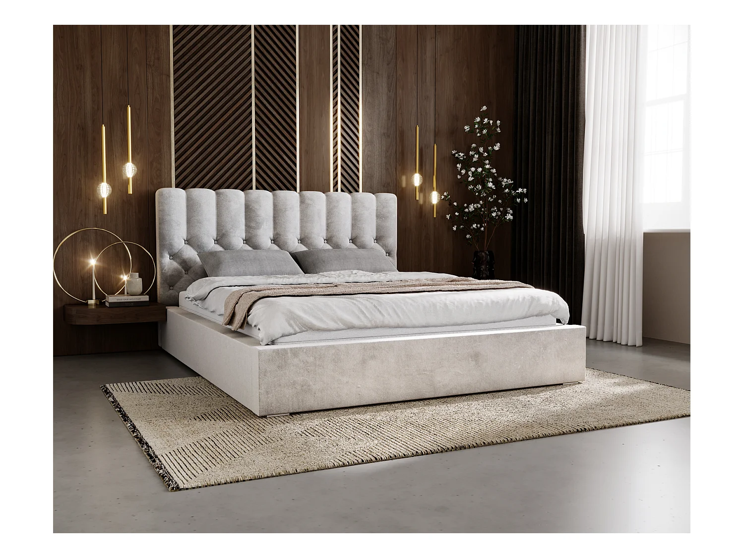 Emporius Lit rembourré 140x200 Sevilla - tête de lit, Haute rembourrée, Rangement - Lit chesterfield Gris clair (Magic Velvet 2218)