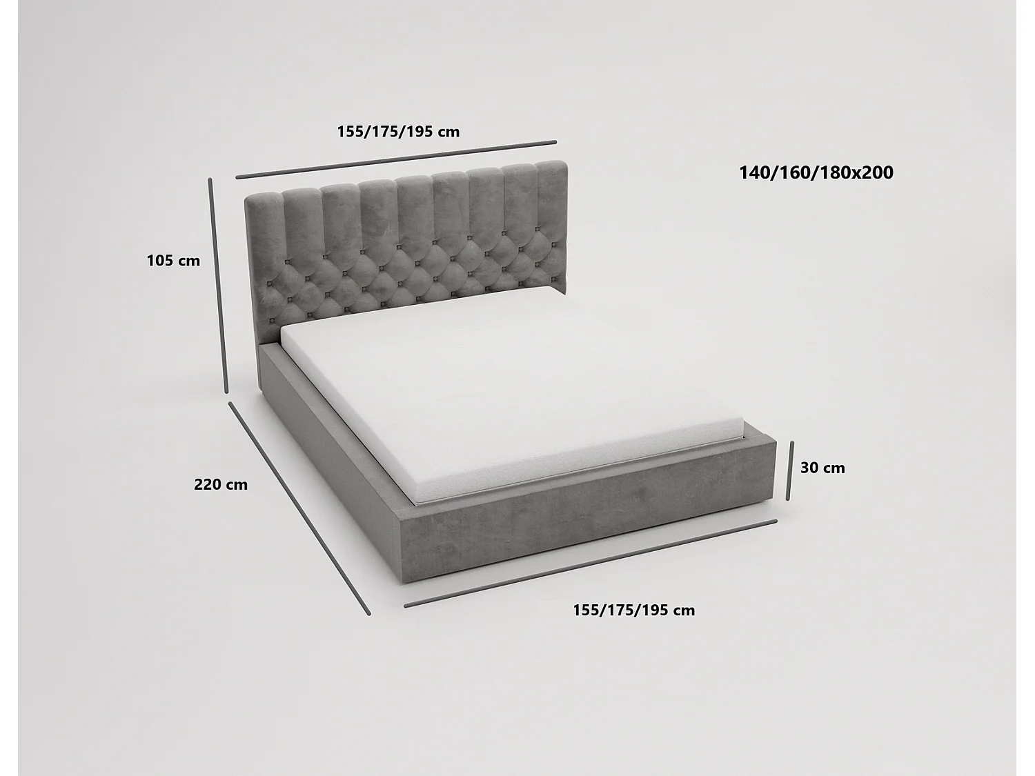 Emporius Lit rembourré 140x200 Sevilla - tête de lit, Haute rembourrée, Rangement - Lit chesterfield Gris clair (Magic Velvet 2218)
