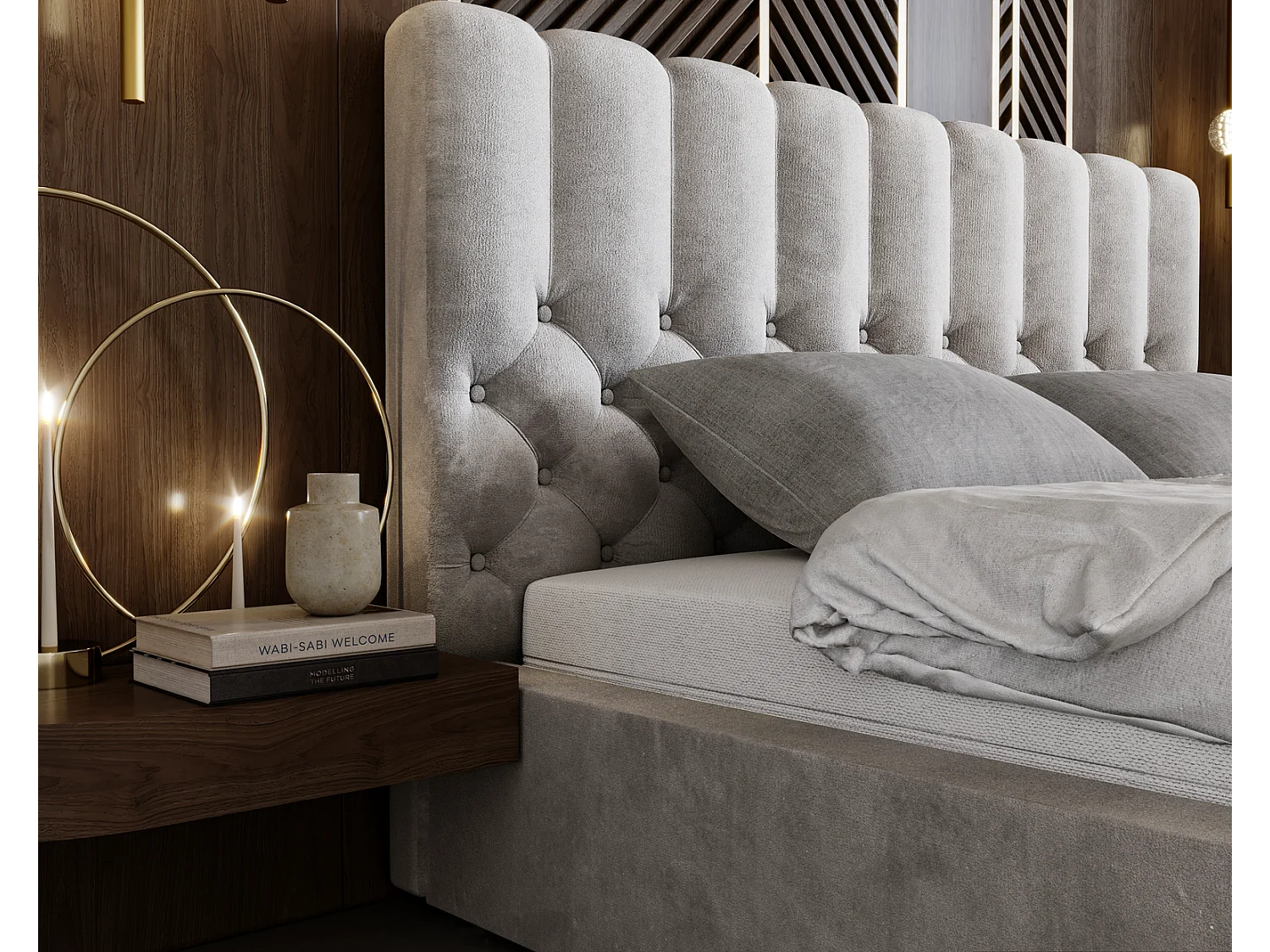 Emporius gestoffeerd bed 140x200 Sevilla, glamourstijl - Tweepersoonsbed 140x200 cm - fluwelen Lichtgrijs (Magic Velvet 2218)