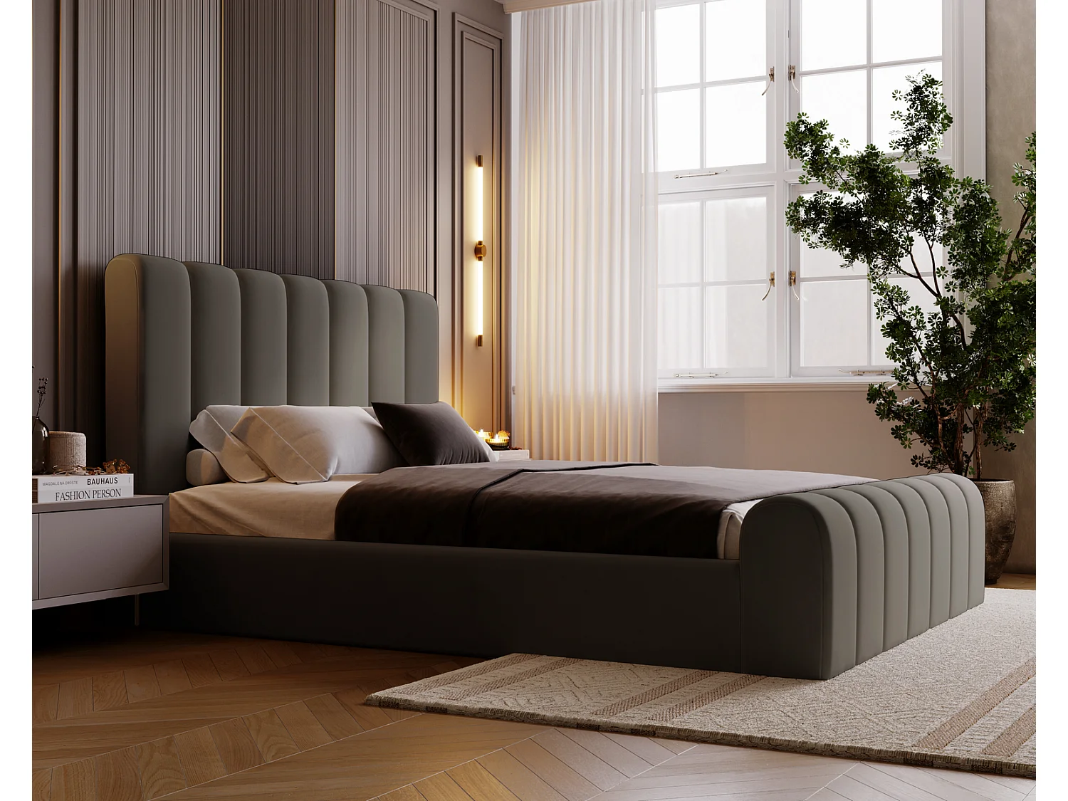 Emporius Lit 200x200 Valetta - Lit Rembourré avec Rangement, Sommier à Lattes, Lit adulte velvet 200x200 - Gris foncé (Amor Velvet 4321)