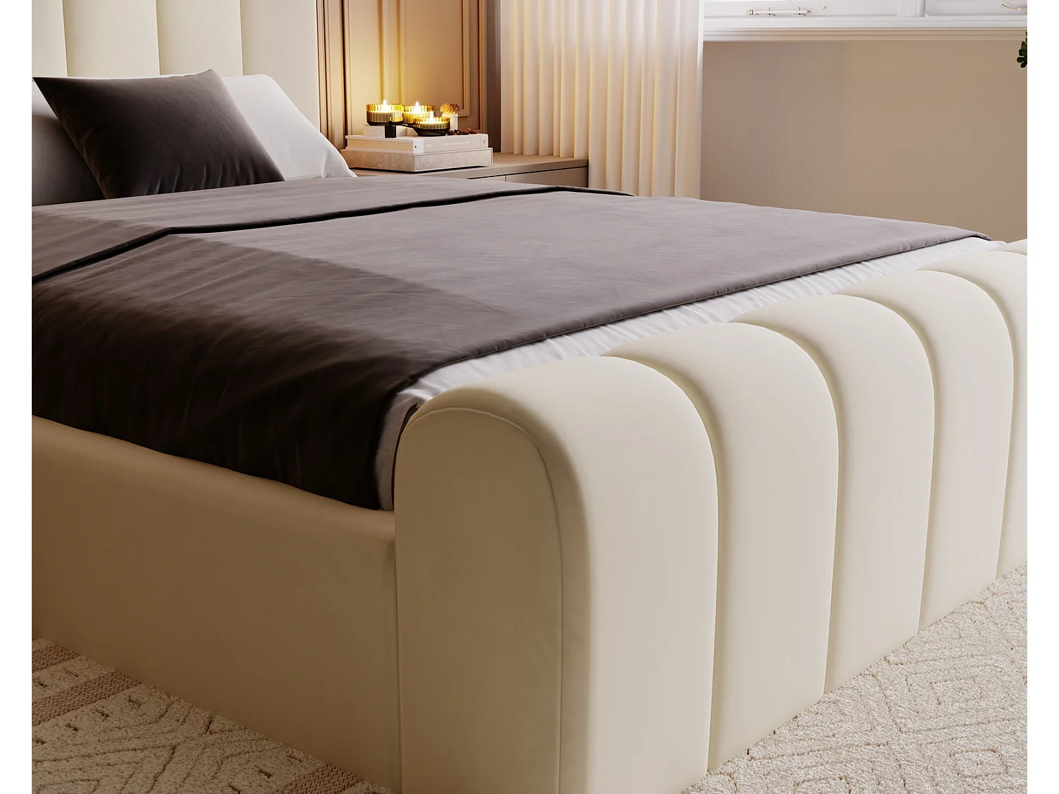 Emporius Lit 180x200 Valetta - Lit Rembourré avec Rangement, Sommier à Lattes, Lit adulte velvet 180x200 - Beige (Amor Velvet 4323)