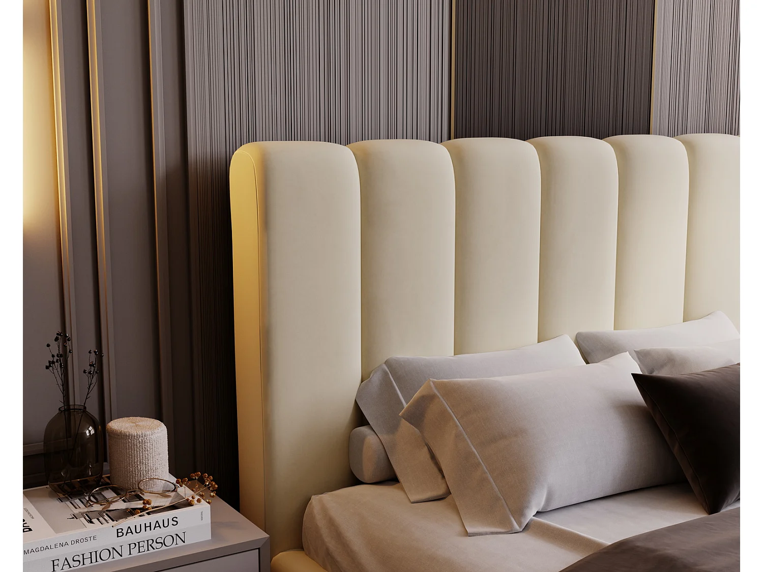 Emporius Lit 160x200 Valetta - Lit Rembourré avec Rangement, Sommier à Lattes, Lit adulte velvet 160x200 - Beige (Amor Velvet 4323)