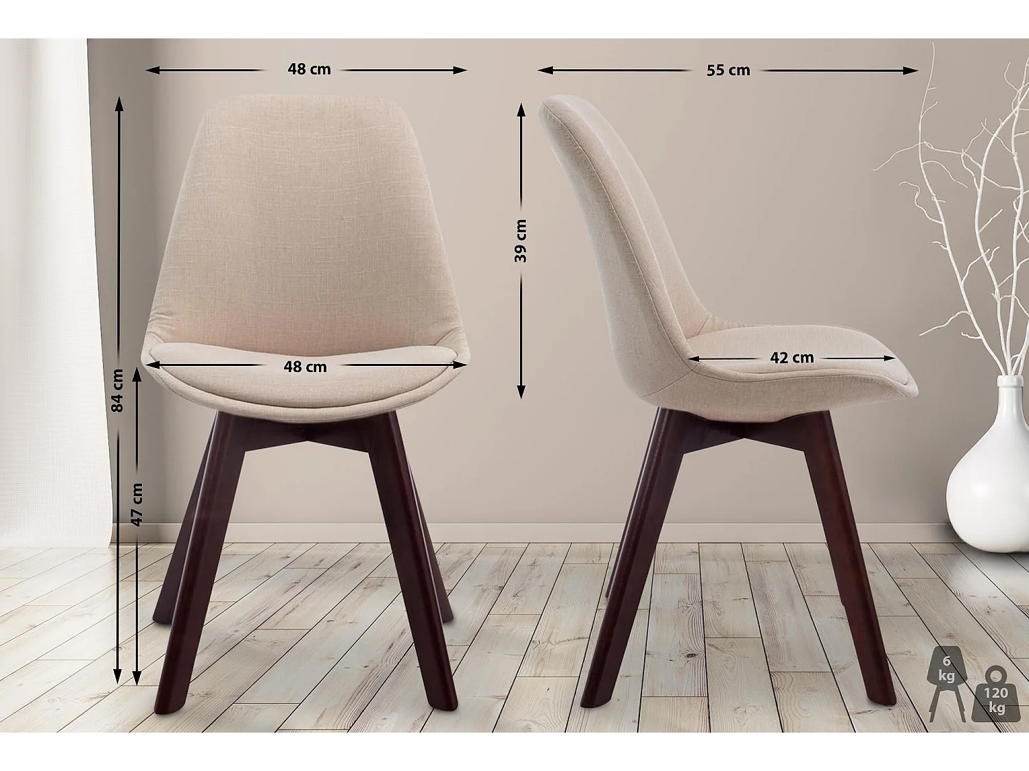 chaise salle à manger - Tissu & Noyer - Crème - Borneo