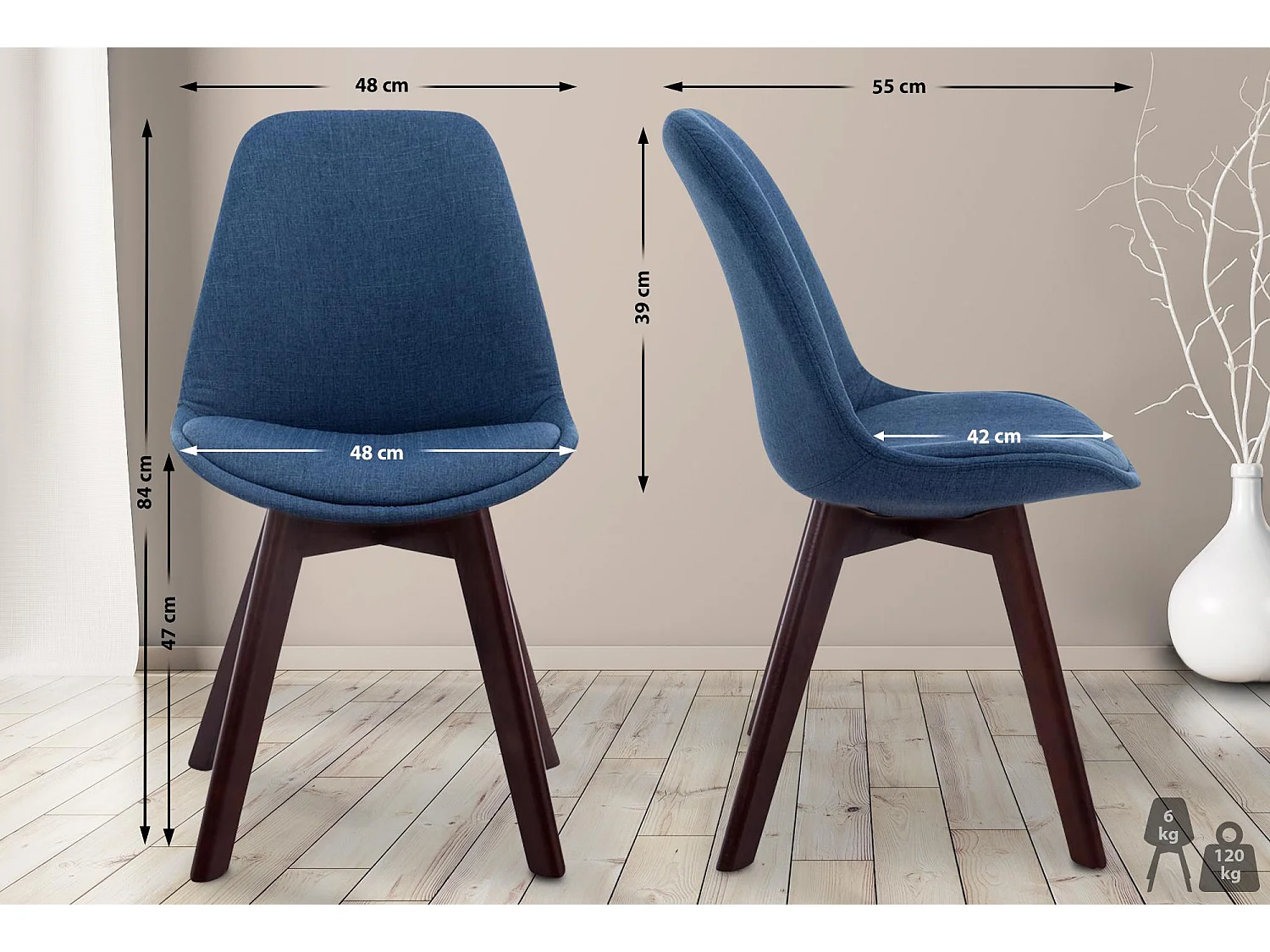 chaise salle à manger - Tissu & Noyer - Bleu - Borneo