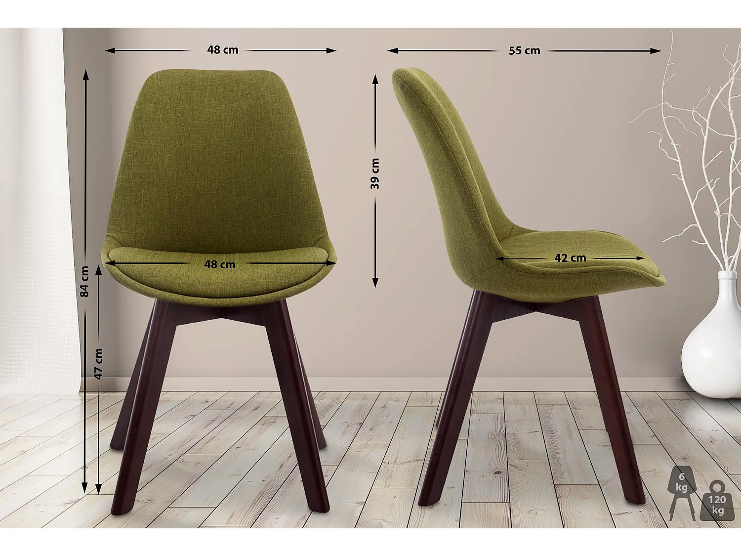 chaise salle à manger - Tissu & Noyer - Vert - Borneo