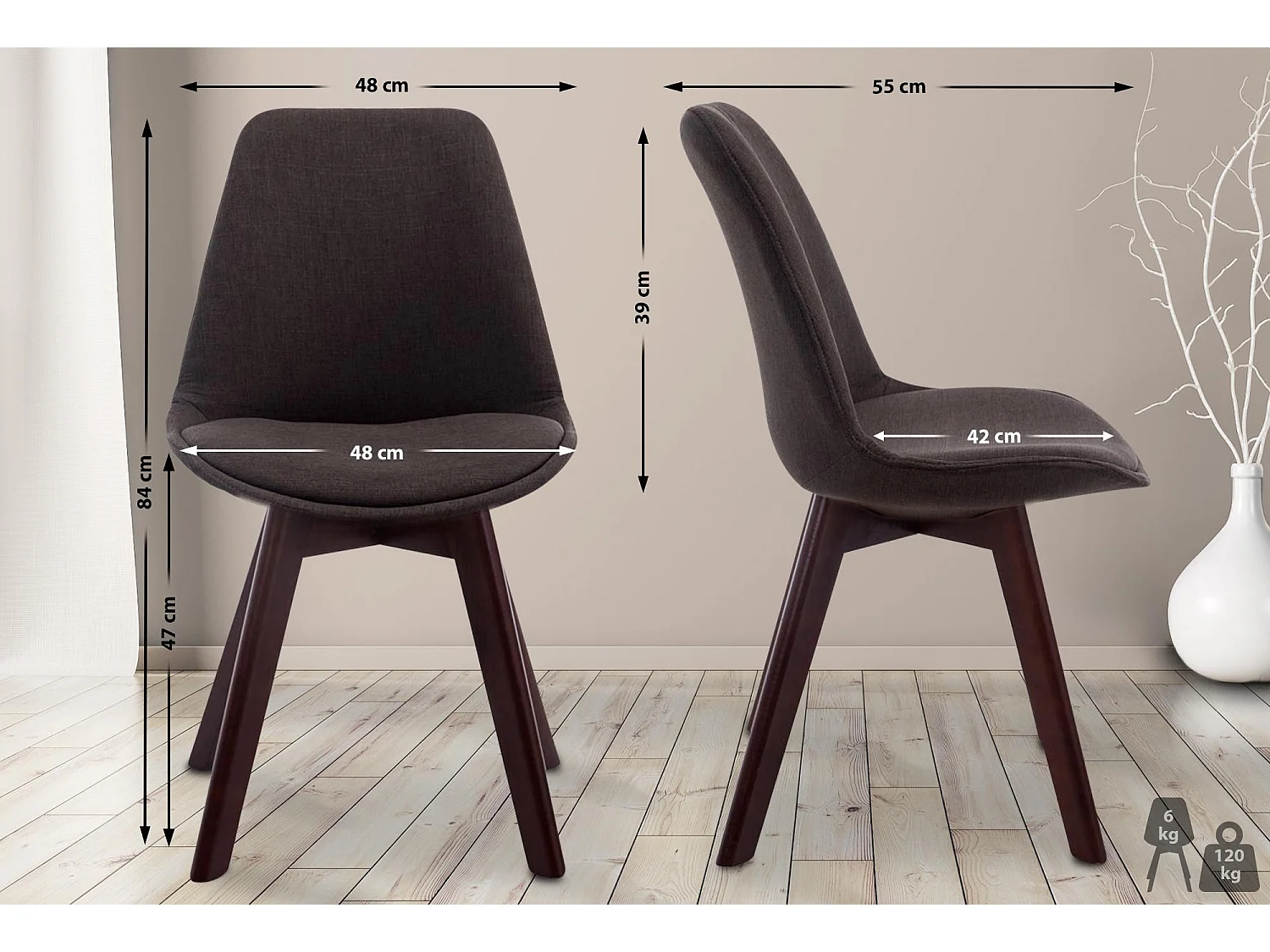 chaise salle à manger - Tissu & Noyer - Gris foncé - Borneo