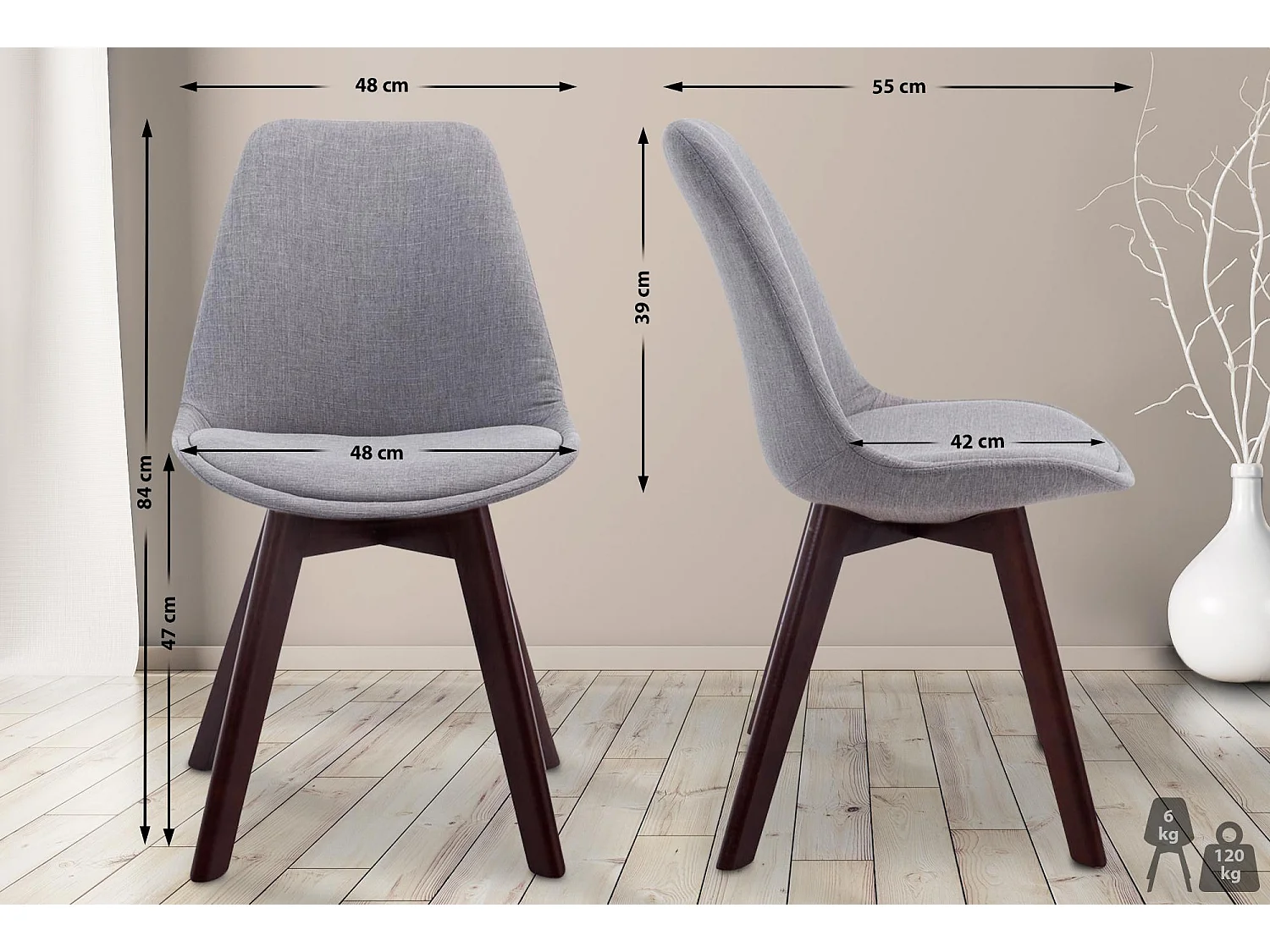 chaise salle à manger - Tissu & Noyer - Gris - Borneo