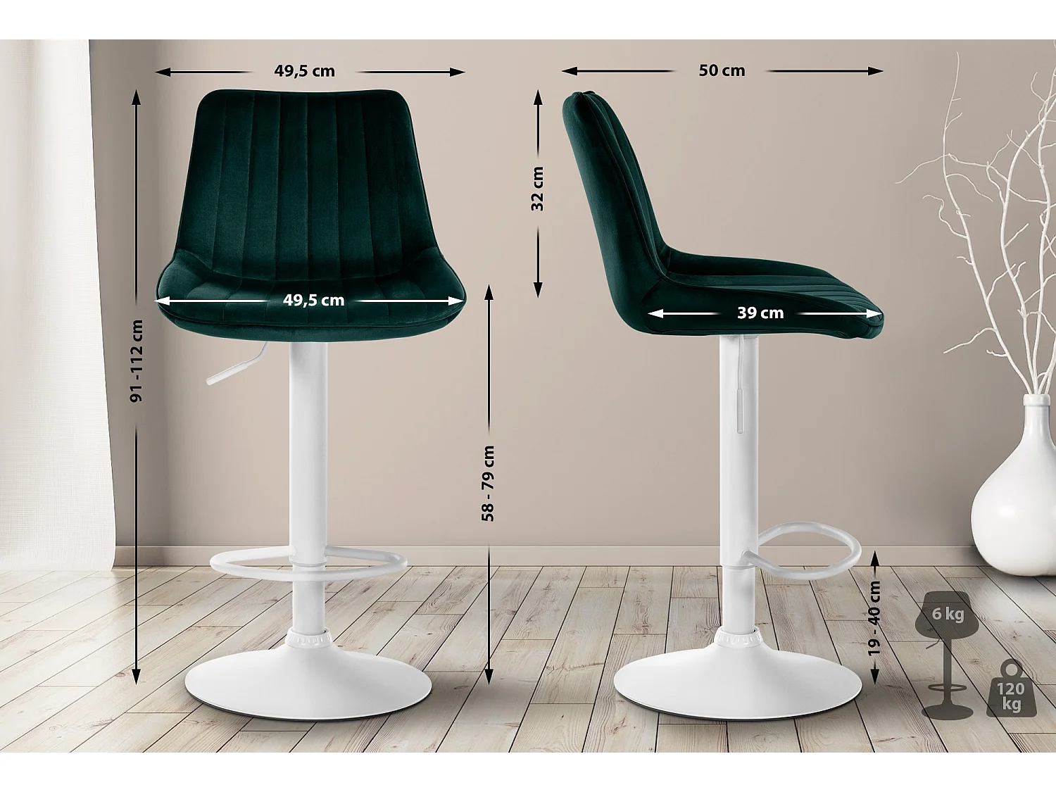 Tabouret de bar - Velours & Blanc - Vert - Toni