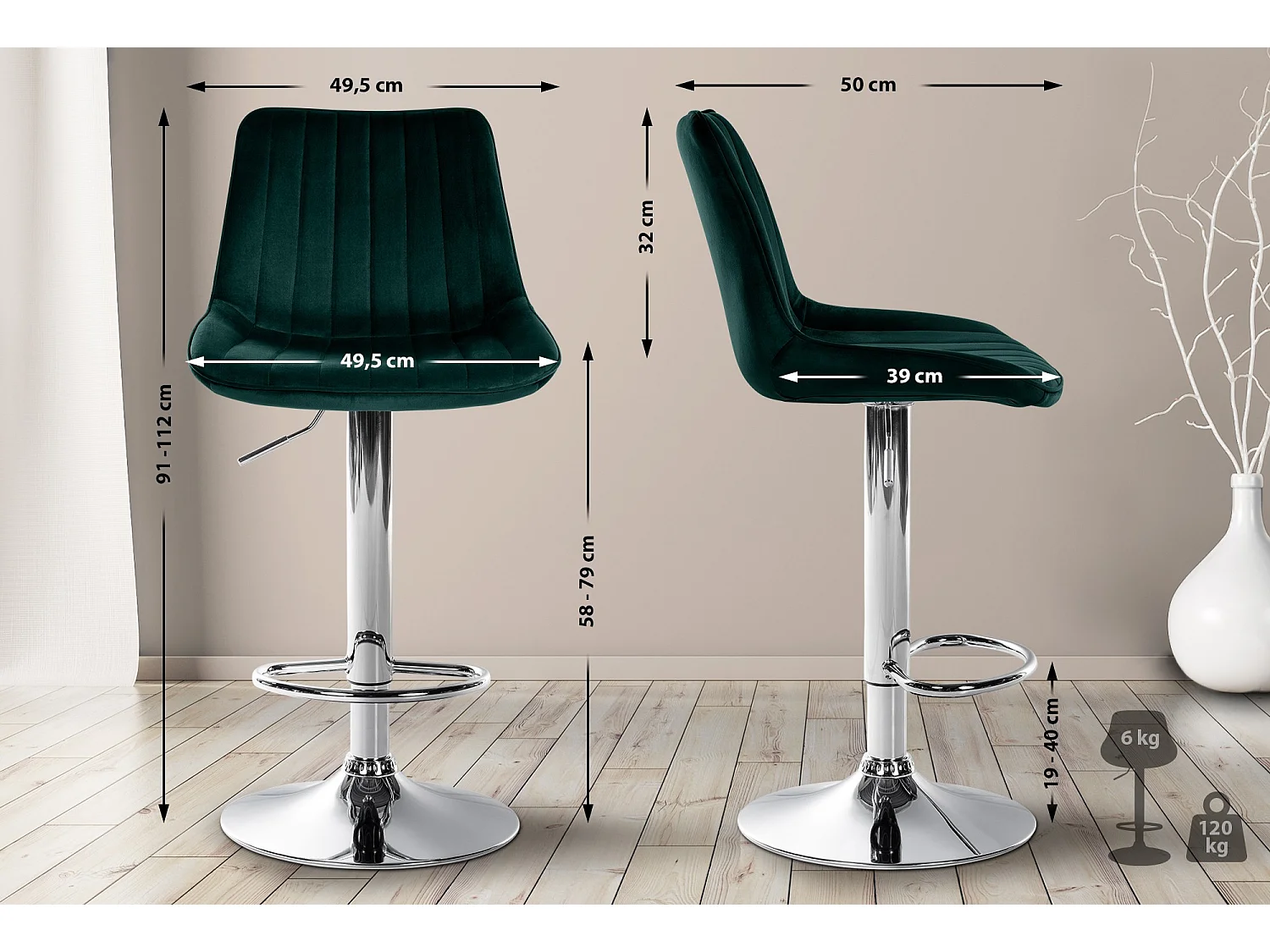 Tabouret de bar - Velours & Chrome - Vert - Toni