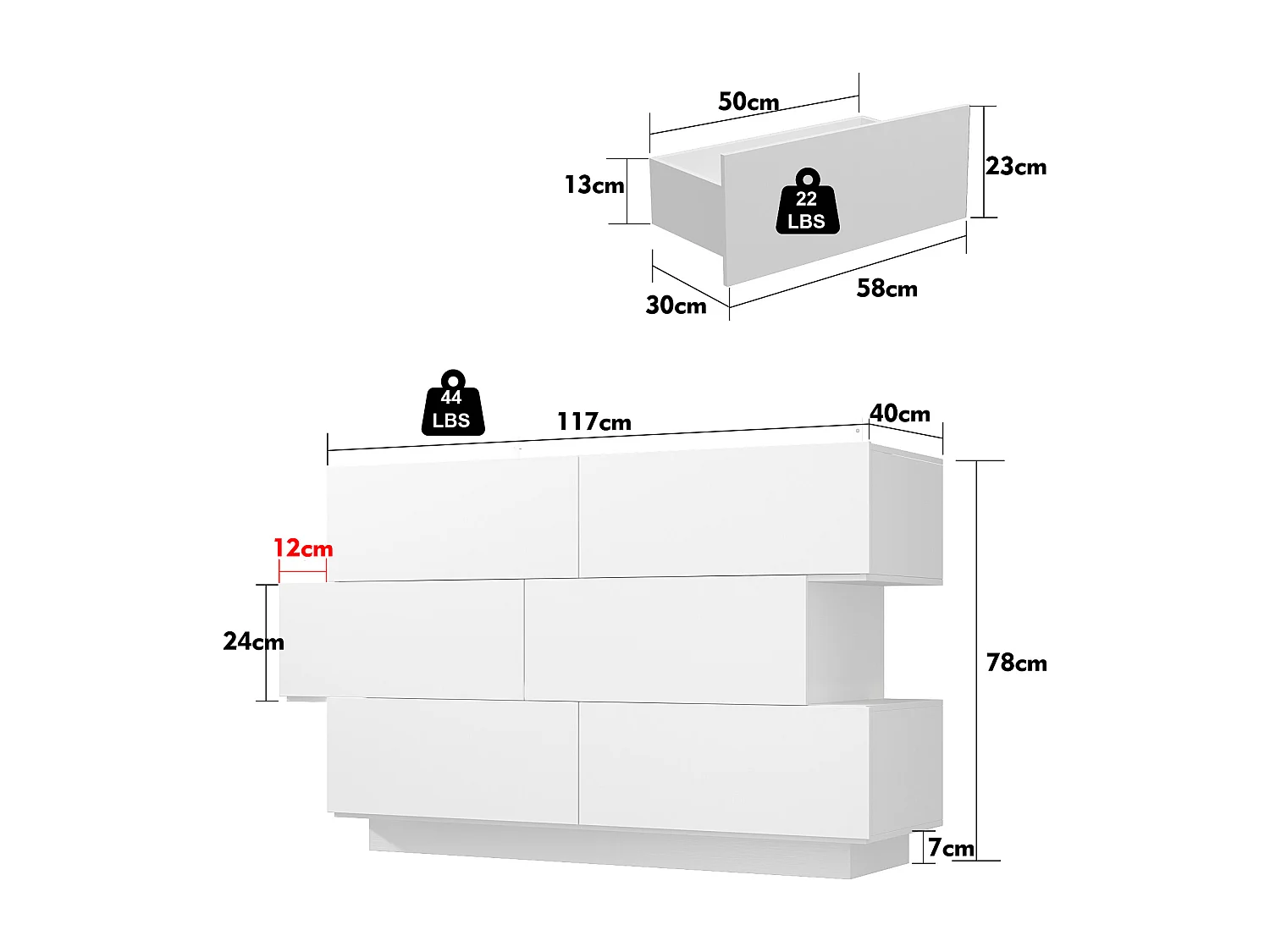 Commode Moderne avec 6 Tiroirs pour Chambre, Buffet de Salon en Forme Irrégulière, Blanc Brillant, 129x40x78cm