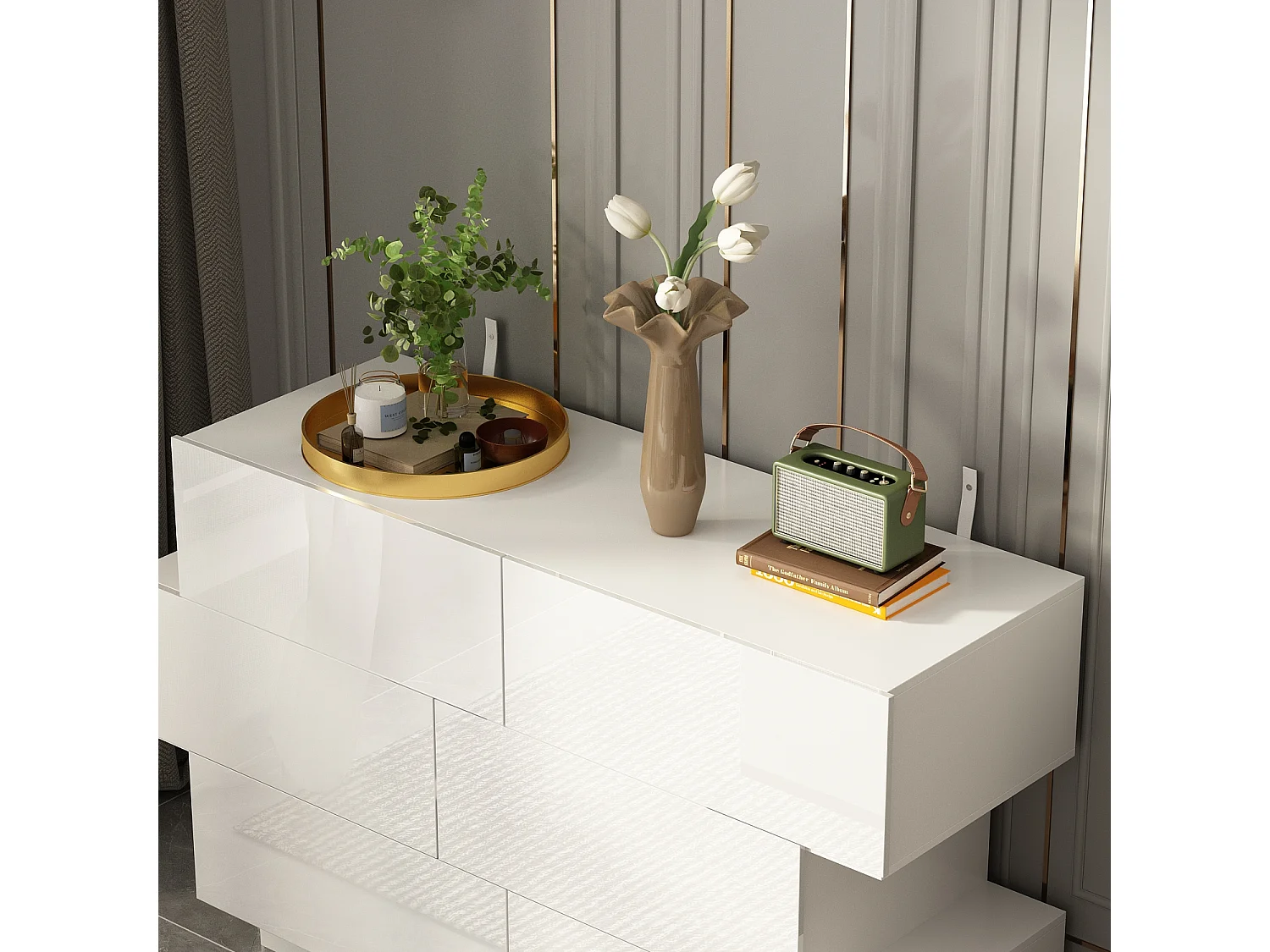 Commode Moderne avec 6 Tiroirs pour Chambre, Buffet de Salon en Forme Irrégulière, Blanc Brillant, 129x40x78cm