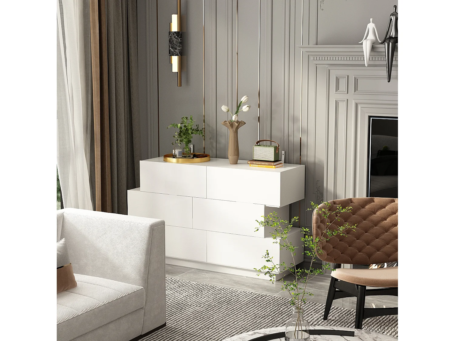 Commode Moderne avec 6 Tiroirs pour Chambre, Buffet de Salon en Forme Irrégulière, Blanc Brillant, 129x40x78cm