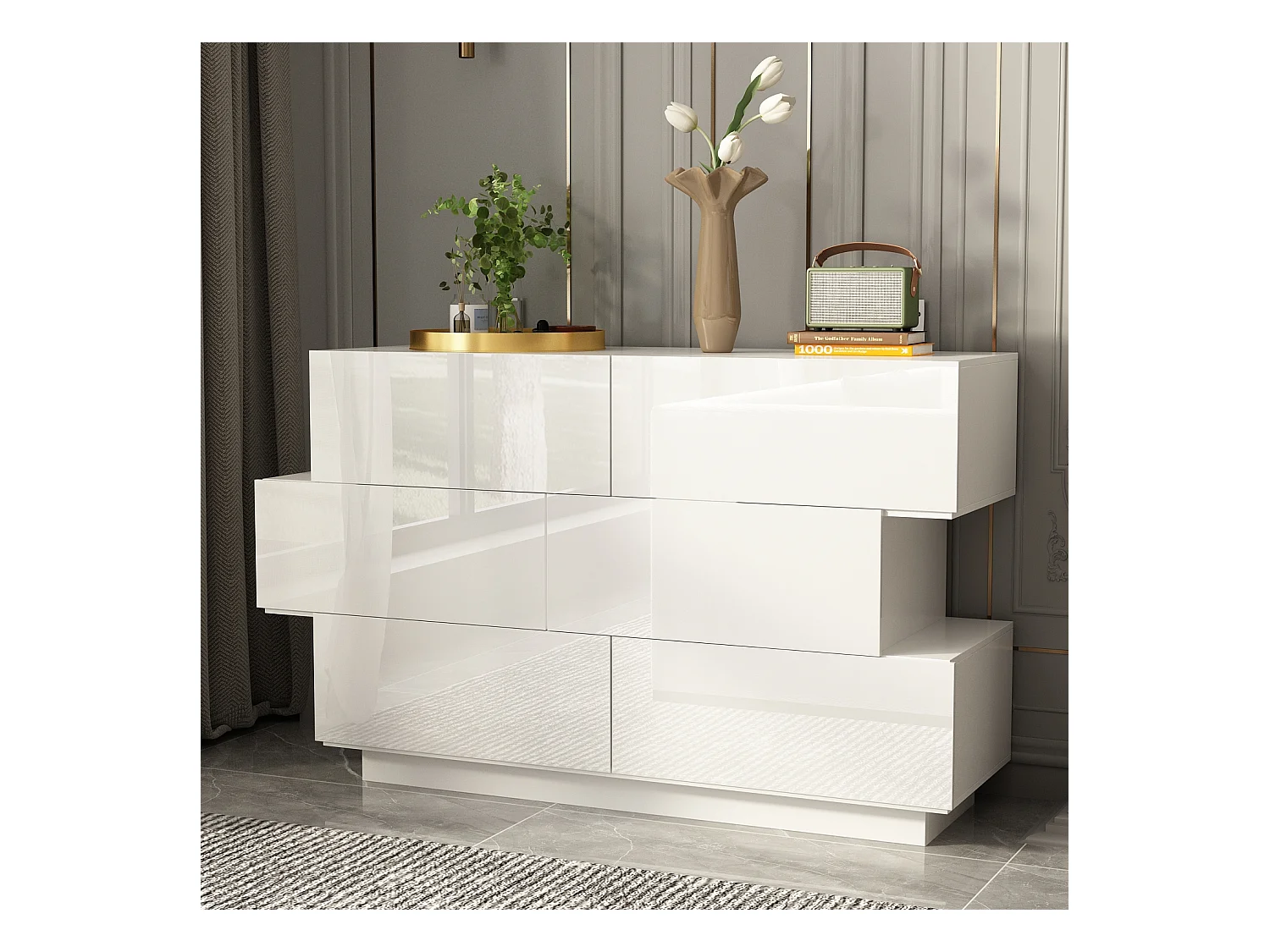 Commode Moderne avec 6 Tiroirs pour Chambre, Buffet de Salon en Forme Irrégulière, Blanc Brillant, 129x40x78cm