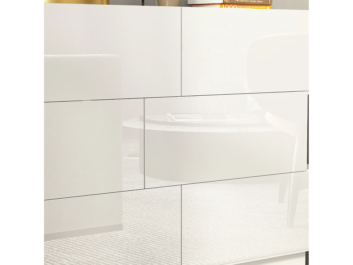 Commode Moderne avec 6 Tiroirs pour Chambre, Buffet de Salon en Forme Irrégulière, Blanc Brillant, 129x40x78cm