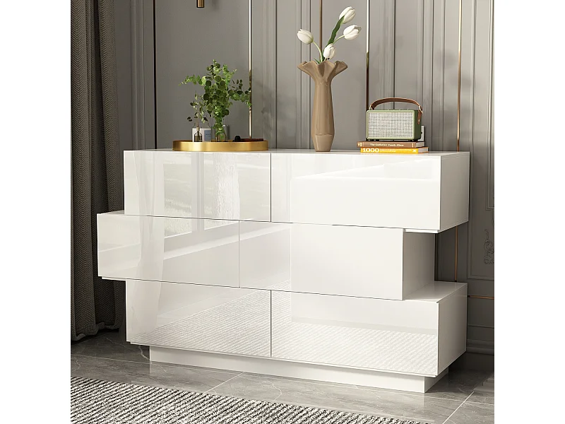 Commode Moderne avec 6 Tiroirs pour Chambre, Buffet de Salon en Forme Irrégulière, Blanc Brillant, 129x40x78cm