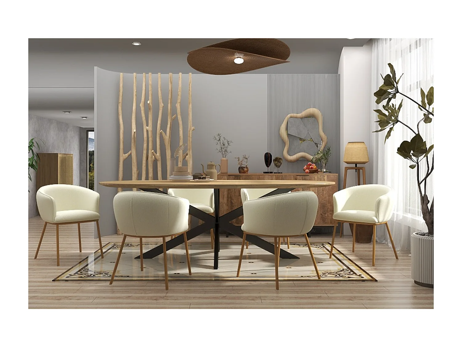 ALVIN-Sedia in tessuto Bouclé Ecru e metallo effetto rovere