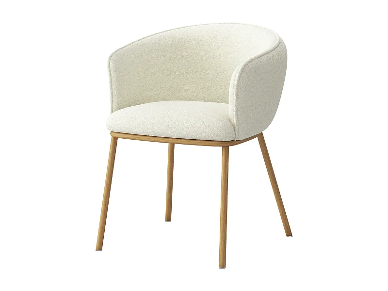 ALVIN-Fauteuil de table en tissu Bouclé Ecru et métal chêne