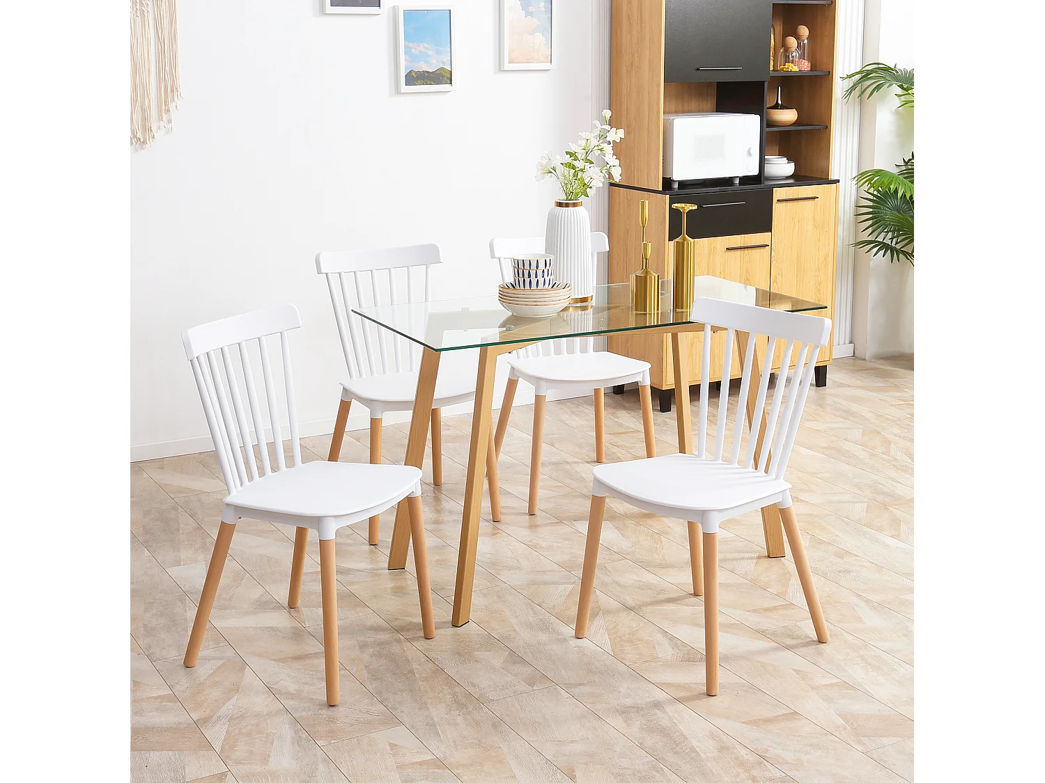 Lot de 4 chaises de salle à manger style scandinave piètement bois hêtre PP blanc