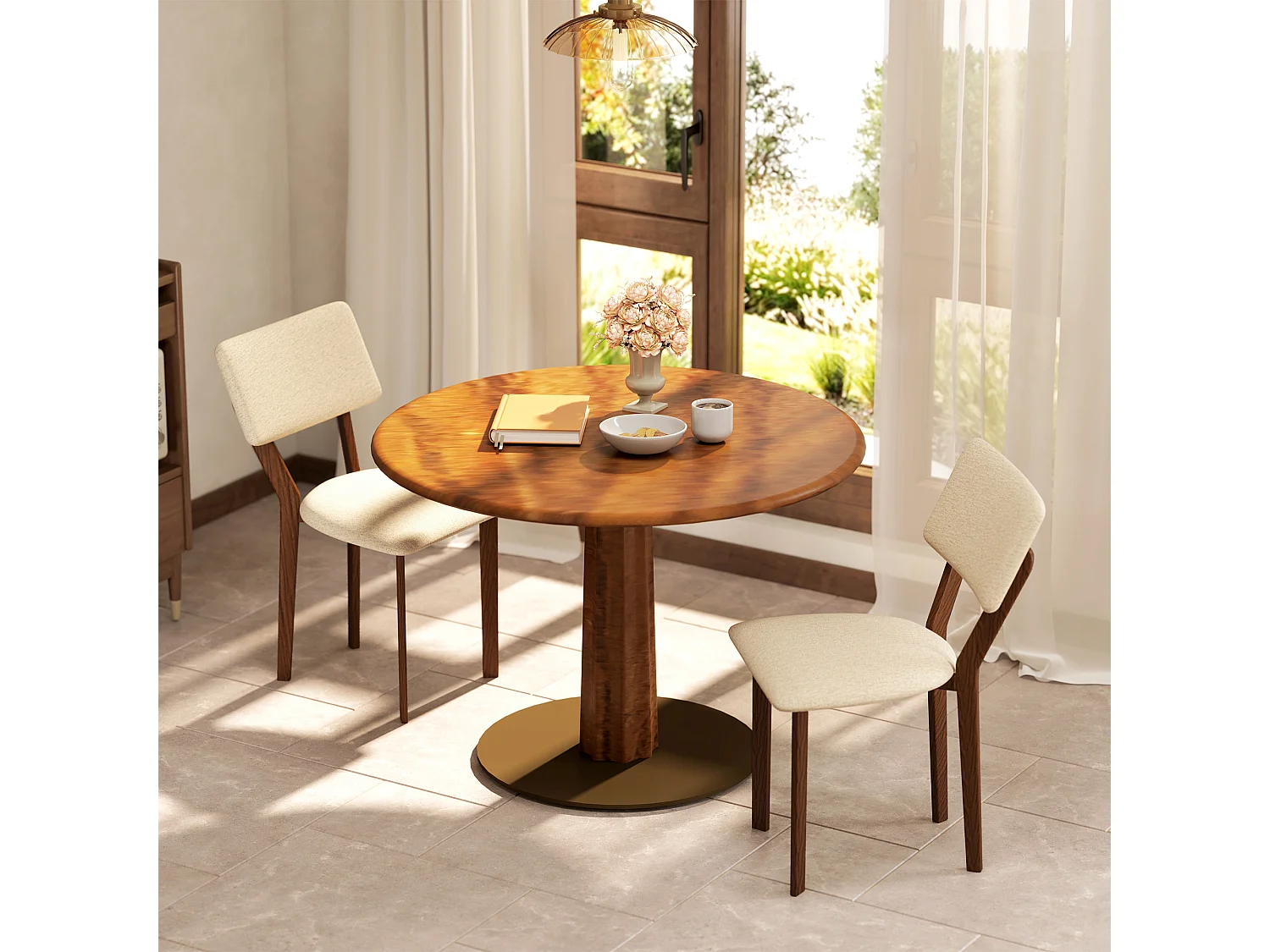 Lot de 2 chaises salle à manger style néo-rétro bois hévéa verni tissu effet lin beige