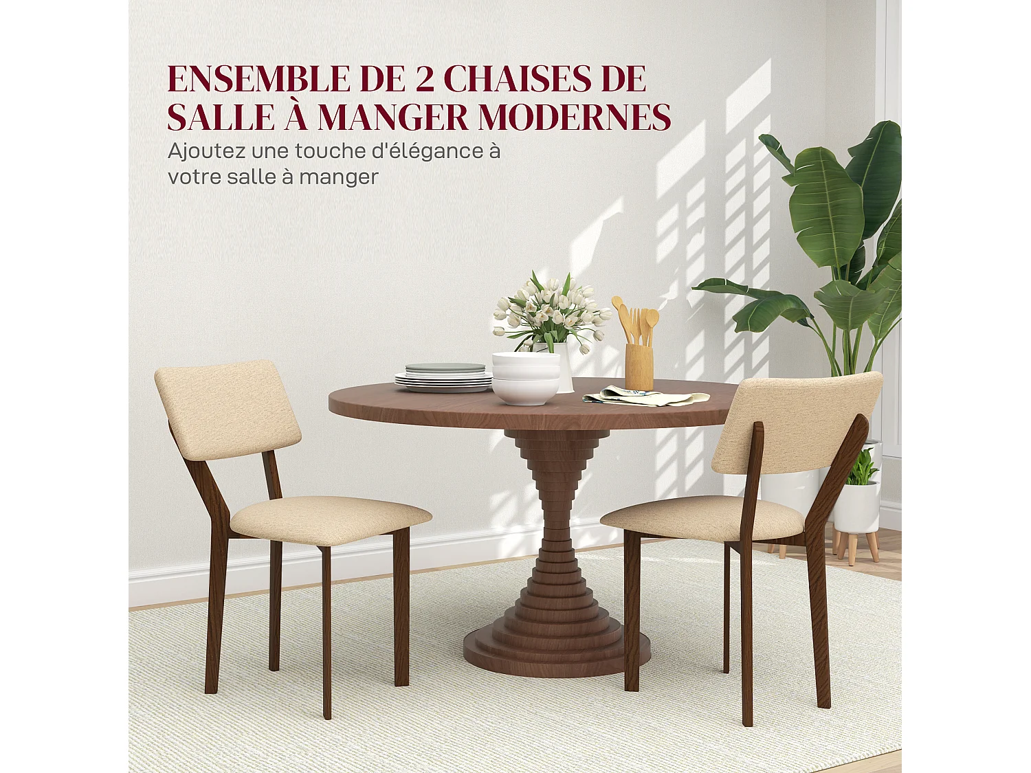 Lot de 2 chaises salle à manger style néo-rétro bois hévéa verni tissu effet lin beige