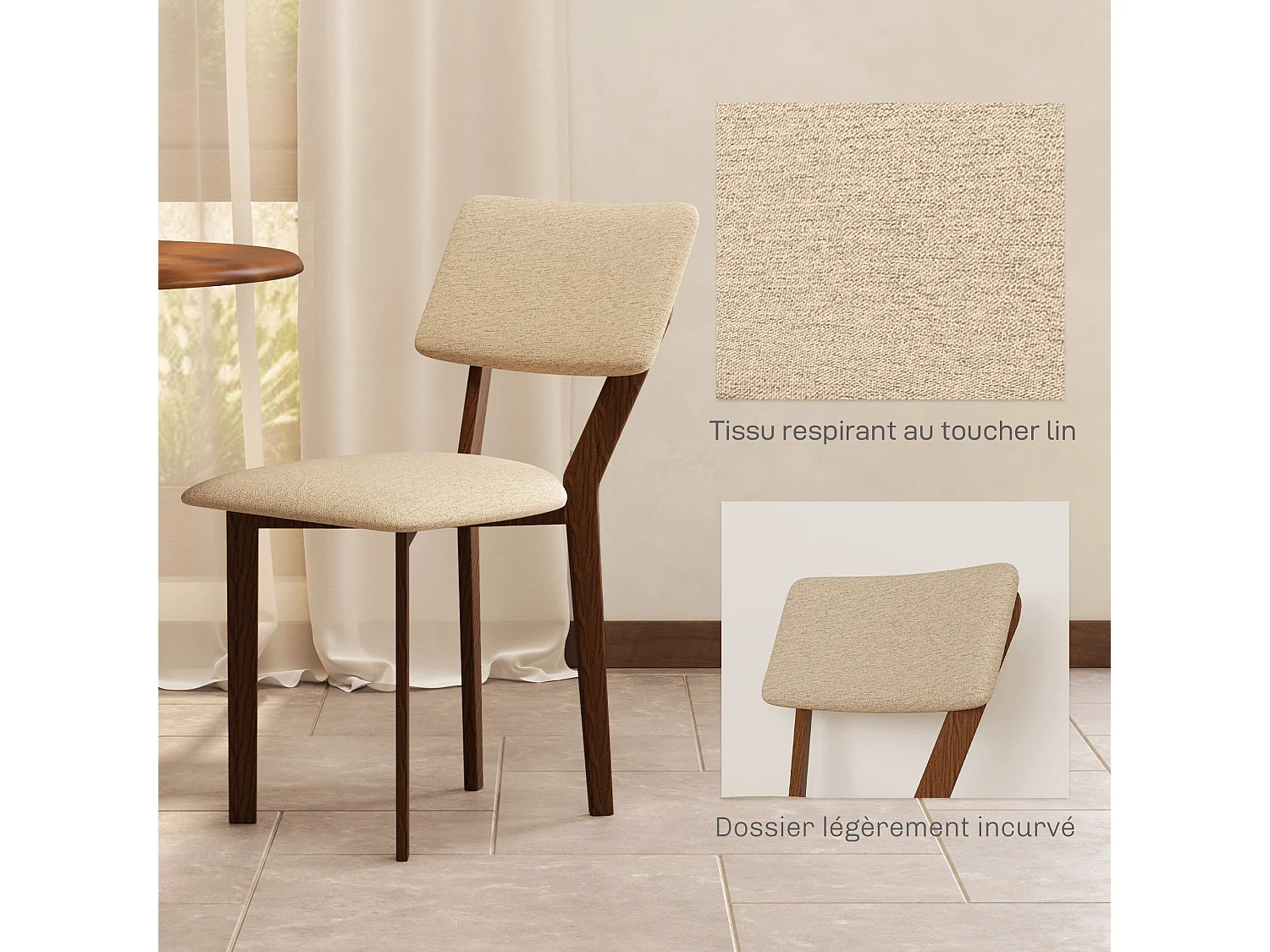 Lot de 2 chaises salle à manger style néo-rétro bois hévéa verni tissu effet lin beige